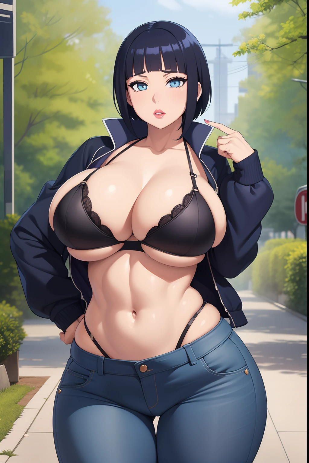 Hinata Hyuuga, 1girl, ((bimbo))), short blue hair, puffy lips, painted lips, thick lips, wide hips, thick thighs, huge ass, bimbo face, muscular stomach abs, shiny skin, enormous huge natural breasts, jeans, black bra, jacket, hanging breasts, hand signs, posing,