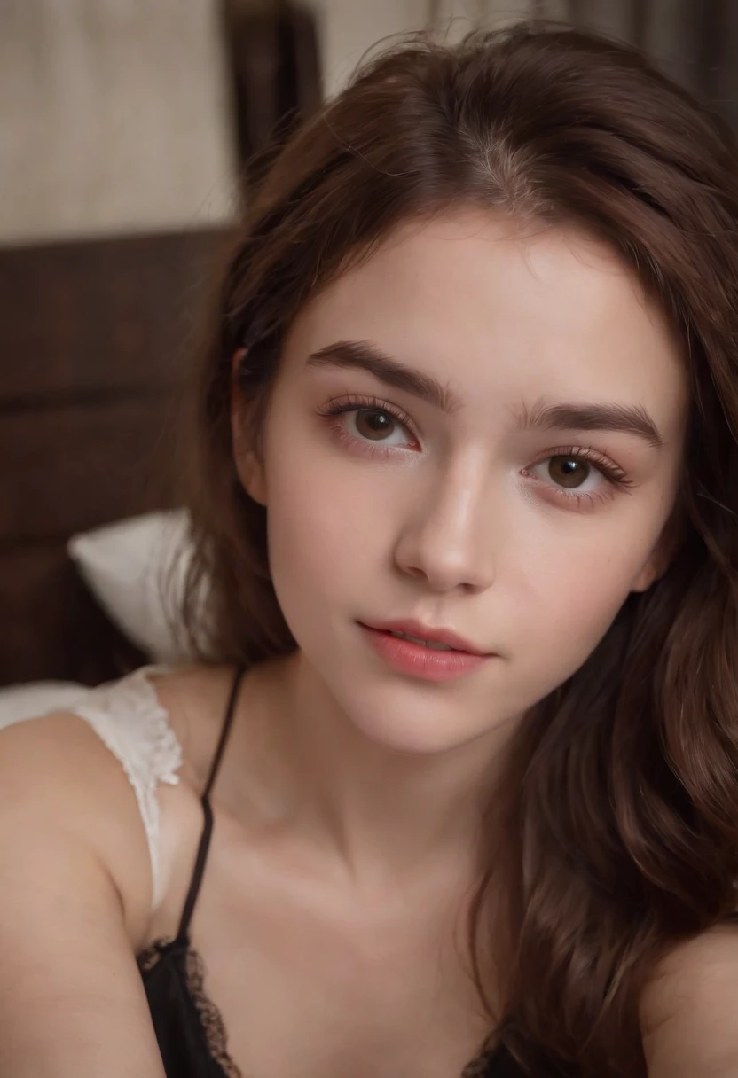 (masterpiece, best quality:1.1), (a selfie of a 1 girl, taken with iphone camera), (nphot, night, dark room, camera flash:1.2), pale skin, skinny, short brown fair, messy hair, white t-shirt, black thong, lies on the bed, head on the pillow, (top view, top angle:1.2), (detailed skin, detailed skin texture:1.4), POV, looking at the viewer