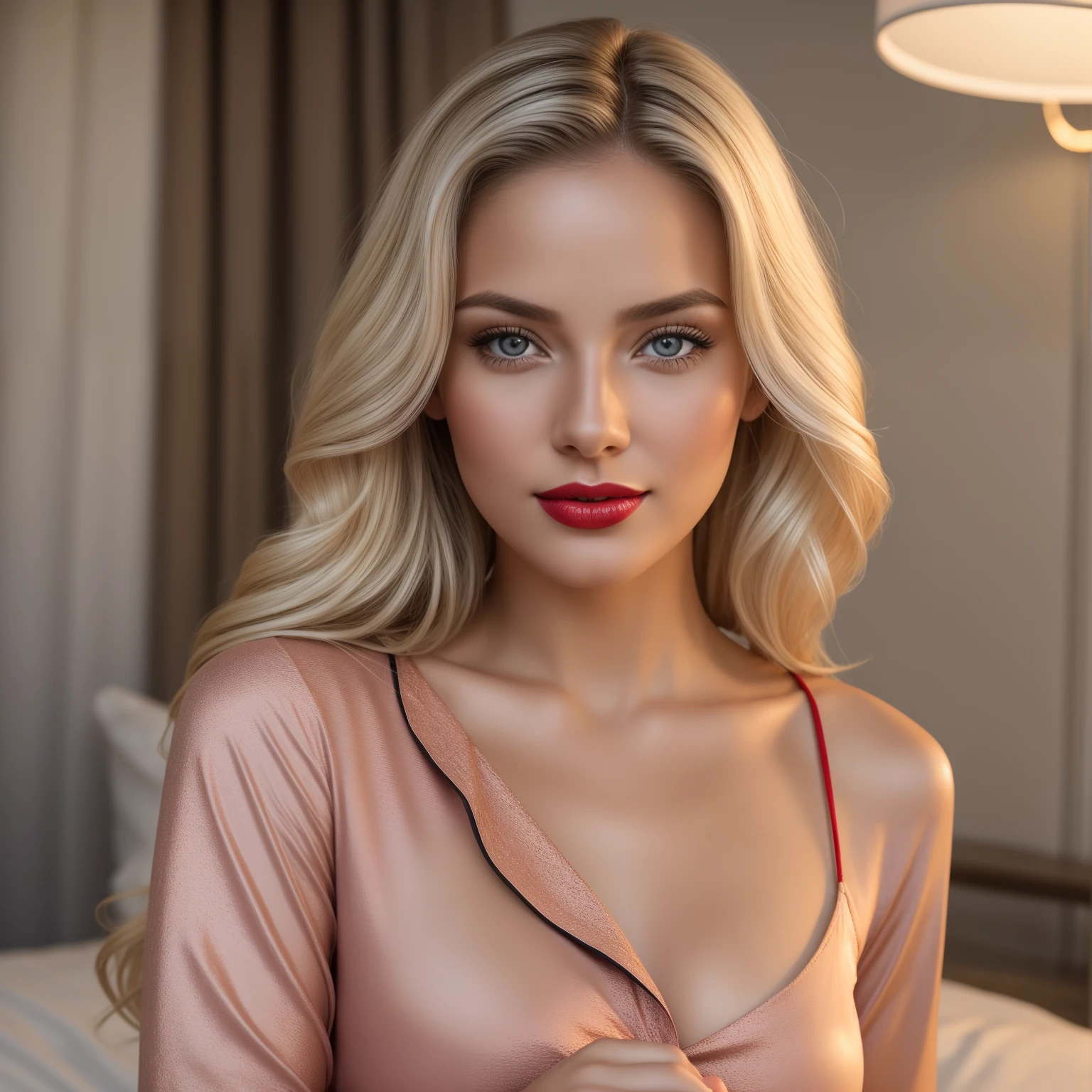 Raw photo, Portrait of beautiful blonde woman in red shirt (High detailed skin:1.2), 8K UHD, Digital SLR, Soft lighting, High quality, Film grain, FUJI XT3 、1人、Beautiful 20 year old woman、Focus on big breasts