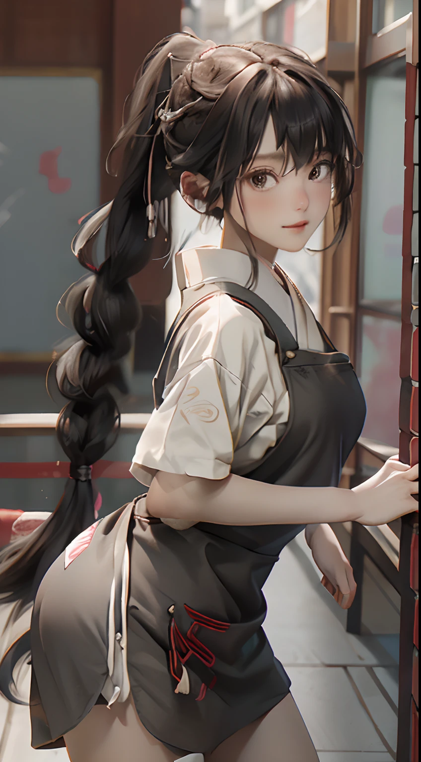 1girl in,Legs,Bill Girl,(((building))), Braided bangs,braided ponytails,(Solo:1.2),Apron,thick thighs,side tie panties, Balck Hair, ,Looking at Viewer, Sunlight,Hanfu,
