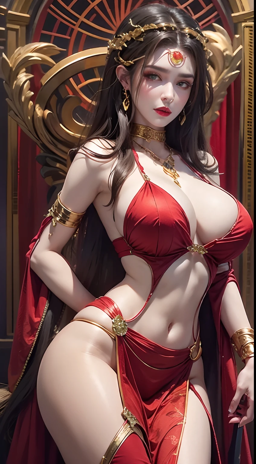 Photorealistic, high resolution, 1 woman, hips up, Beautiful eyes, Long hair, ringed eyes, jewelry, medusa, red dress,huge boobs