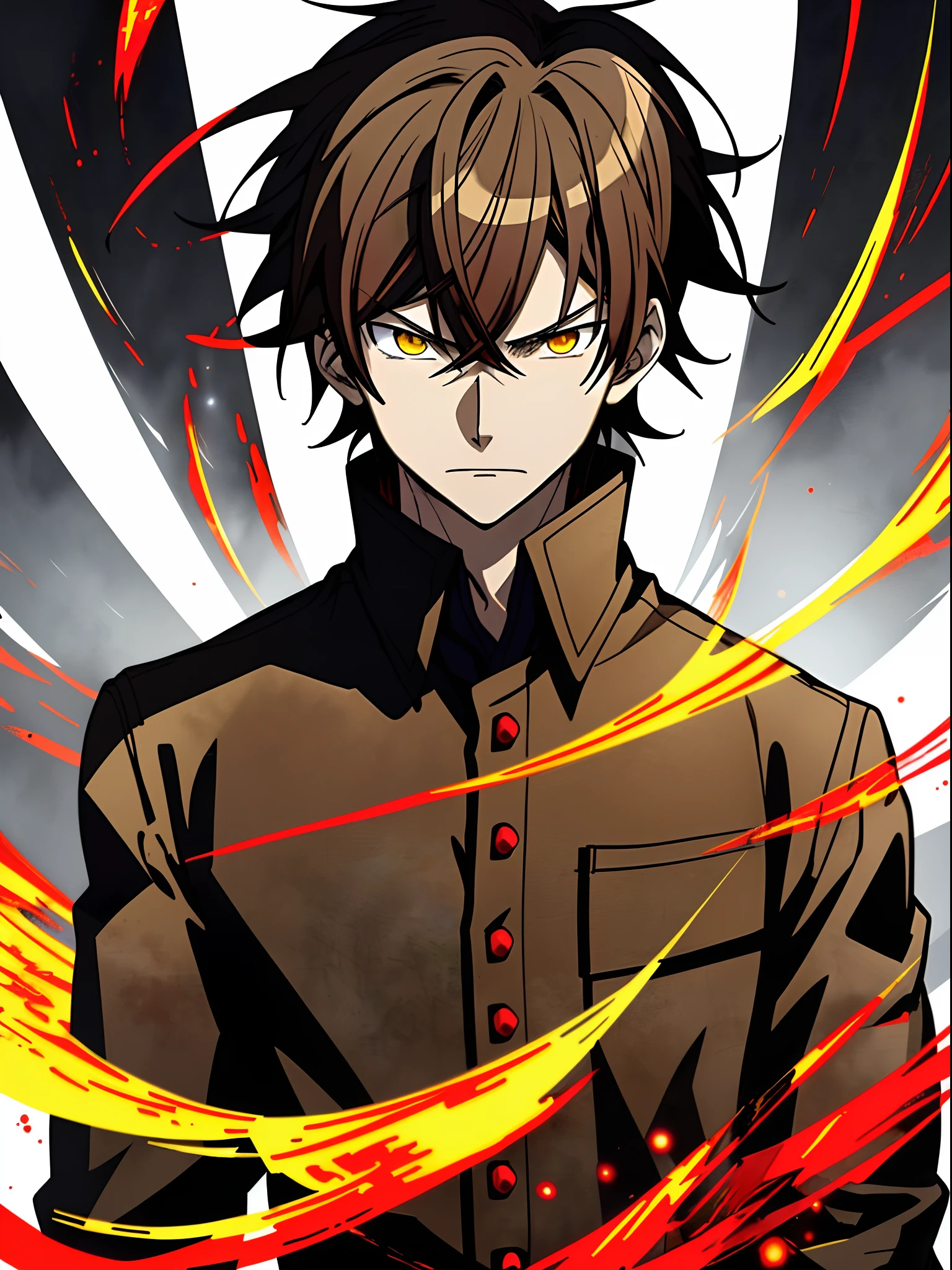 Anime characters with brown hair in black shirt,Red jacket and yellow flame, Key anime art, hajime yatate, male anime character