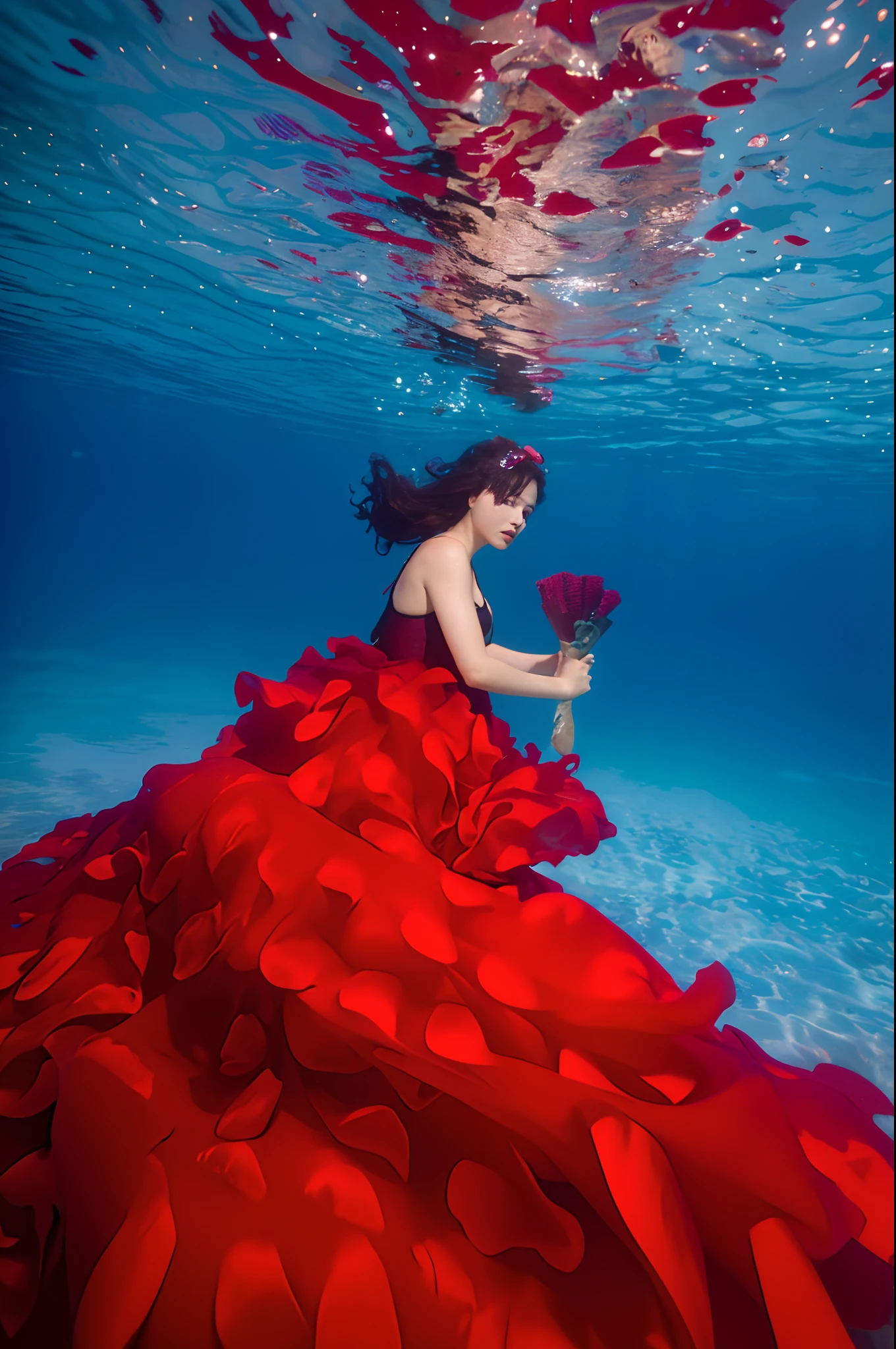 Solo, deep sea, coral reef, diving, wetsuit, fins, weightlessness, ((best quality, 8k, masterpiece: 1.3)), one woman, long hair, underwater photography, underwater perspective, underwater floating, breaststroke, cleavage
