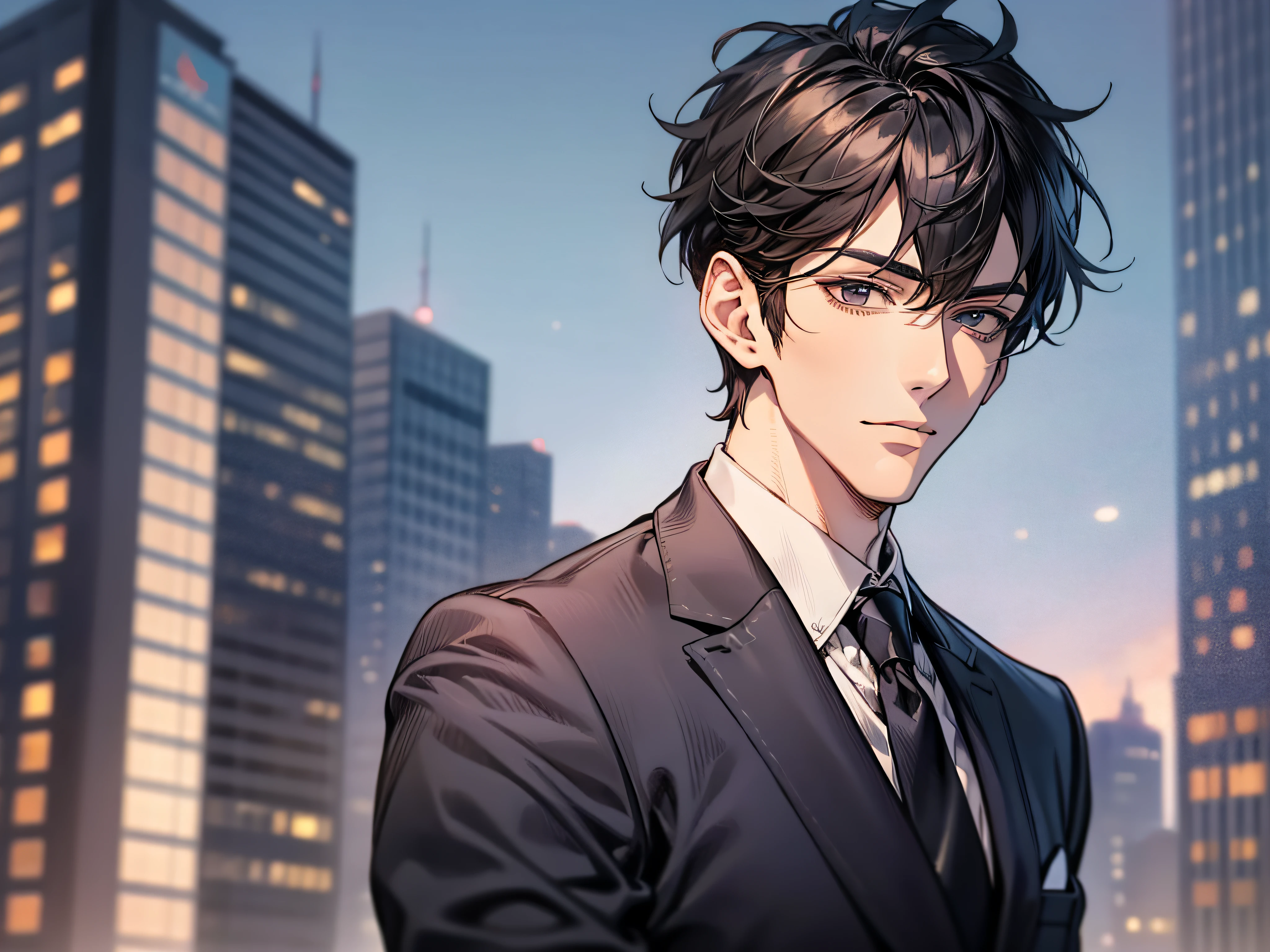 tmasterpiece，best qualtiy，1 male，AS-Adult，Handsome，With short black hair，The shirt，A man in a suit and tie stands in front of the city, Wearing a strict business suit, anime handsome guy,Wearing a strict business suit, Dark suit, Suit and tie handsome anime pose, Handsome stunning realistic,
