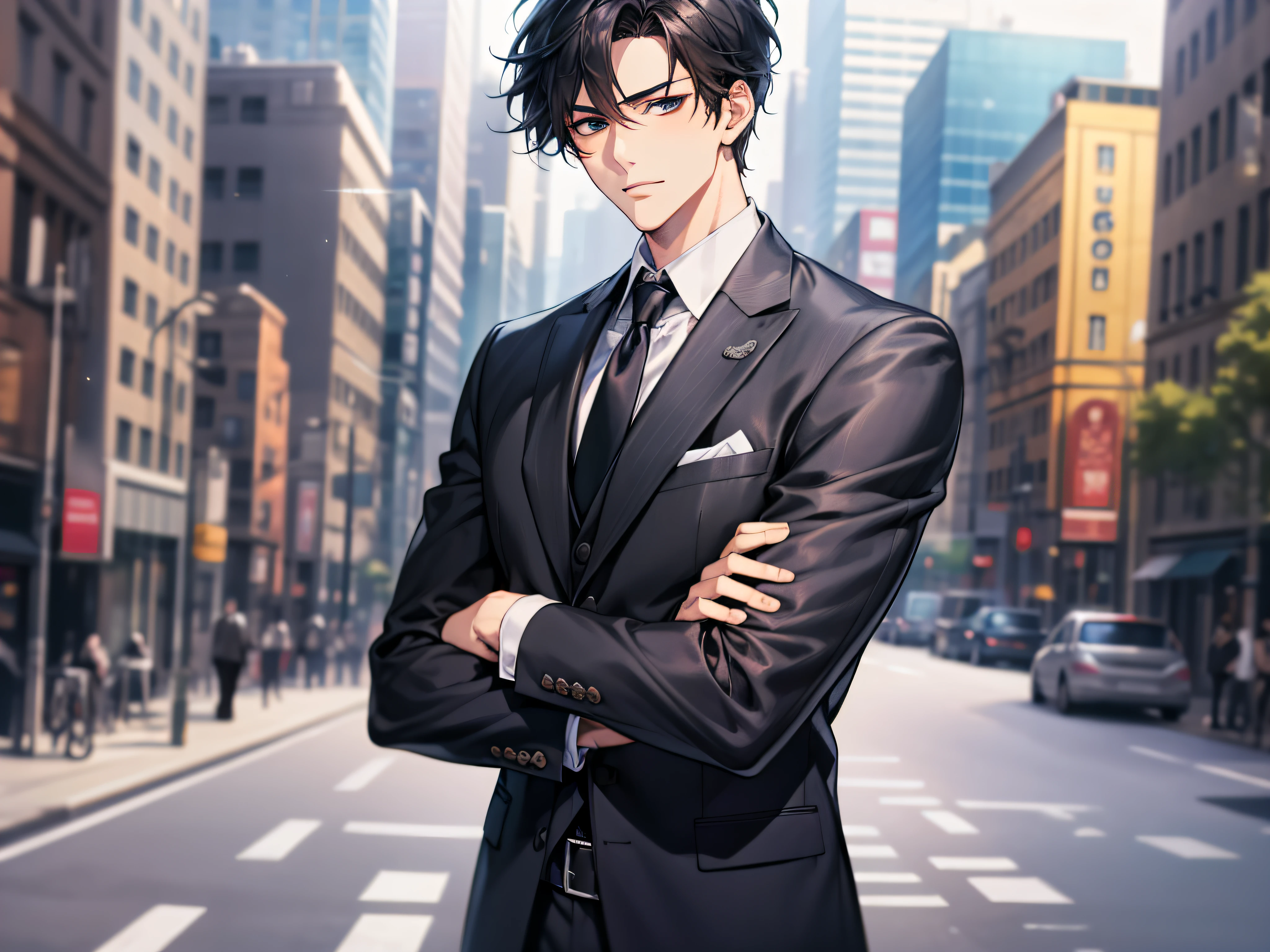 tmasterpiece，best qualtiy，1 male，AS-Adult，Handsome，With short black hair，The shirt，A man in a suit and tie stands in front of the city, Wearing a strict business suit, anime handsome guy,Wearing a strict business suit, Dark suit, Suit and tie handsome anime pose, Handsome stunning realistic,