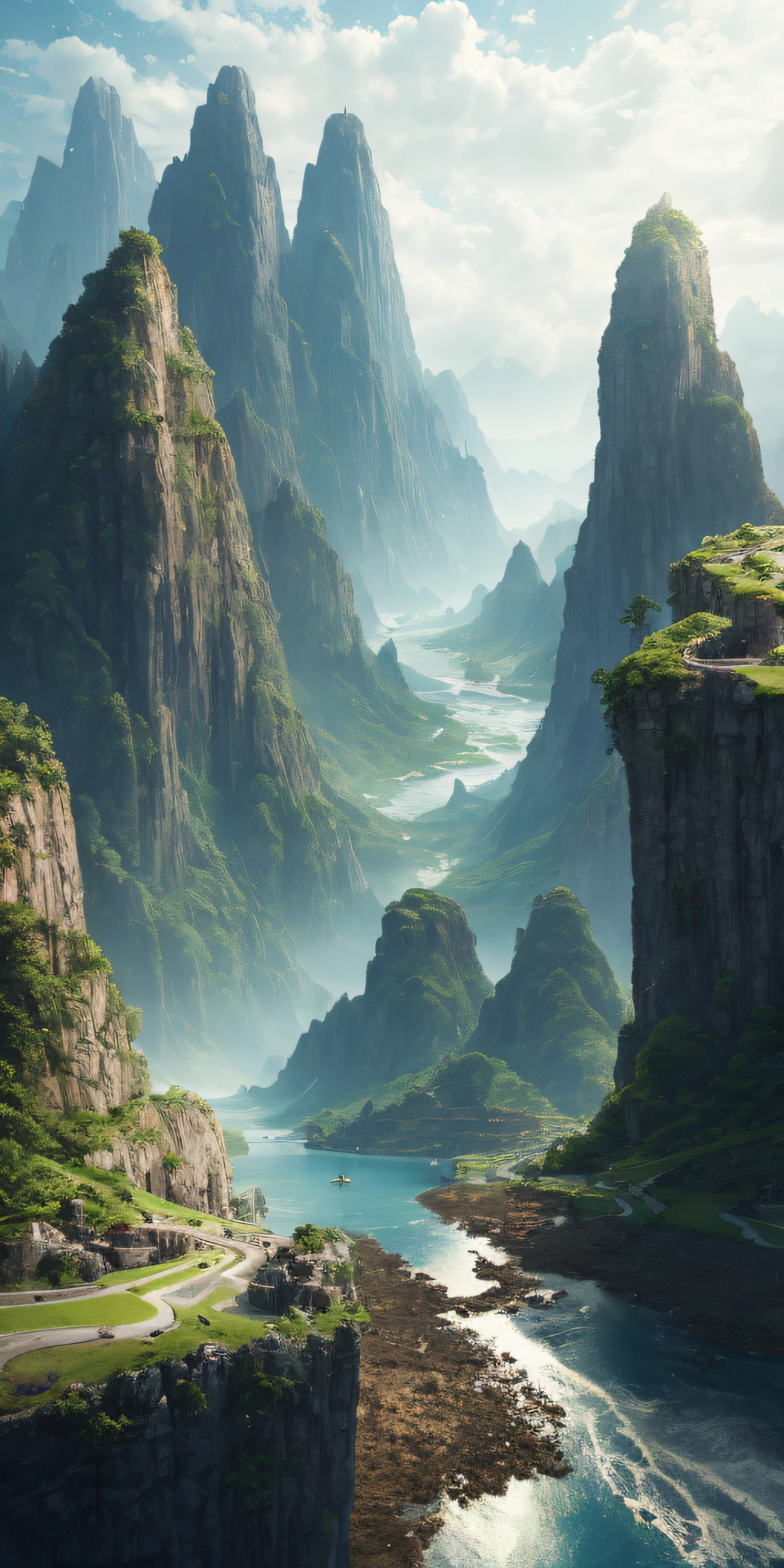 masterpiece, best quality, high quality, extremely detailed CG unity 8k wallpaper, scenery, outdoors, sky, cloud, day, no humans, mountain, landscape, water, tree, blue sky, waterfall, cliff, nature, lake, river, cloudy sky,award winning photography, Bokeh, Depth of Field, HDR, bloom, Chromatic Aberration ,Photorealistic,extremely detailed, trending on artstation, trending on CGsociety, Intricate, High Detail, dramatic, art by midjourney