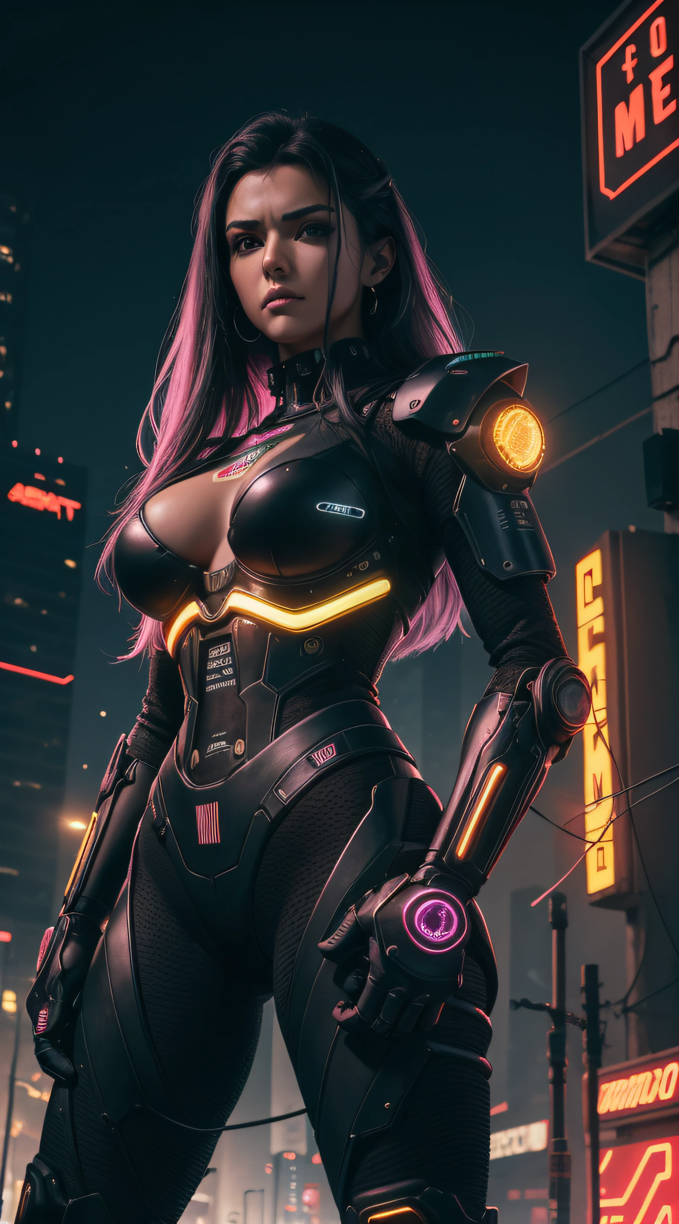 (extremadamente detallado, obra maestra, La mejor calidad), intense illumination, mujer dentro de exoesqueleto cyberpunk. luces de neon, cables, entorno industrial. armamento pesado, Giant fists. garras en los brazos roboticos.
