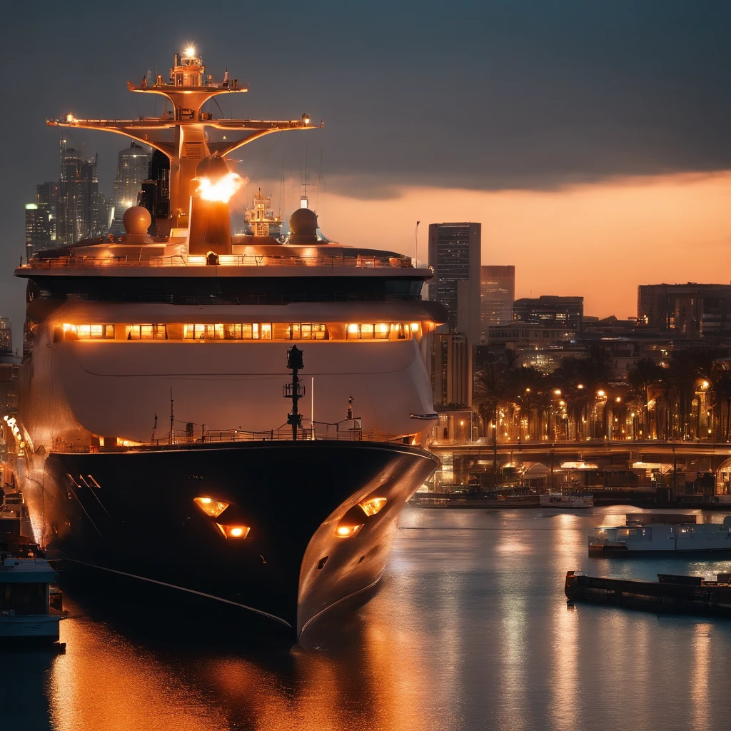 (The ship fires lasers to attack the city:1.3)，in a panoramic view，（plethora of colors，Best quality，high detal，tmasterpiece，cinmatic lighting，4K，Chiaroscuro）