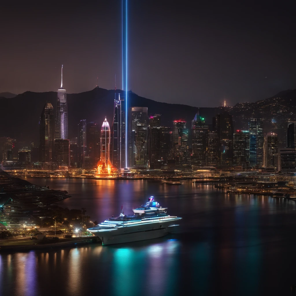 (The ship fires lasers to attack the city:1.3)，in a panoramic view，（plethora of colors，Best quality，high detal，tmasterpiece，cinmatic lighting，4K，Chiaroscuro）