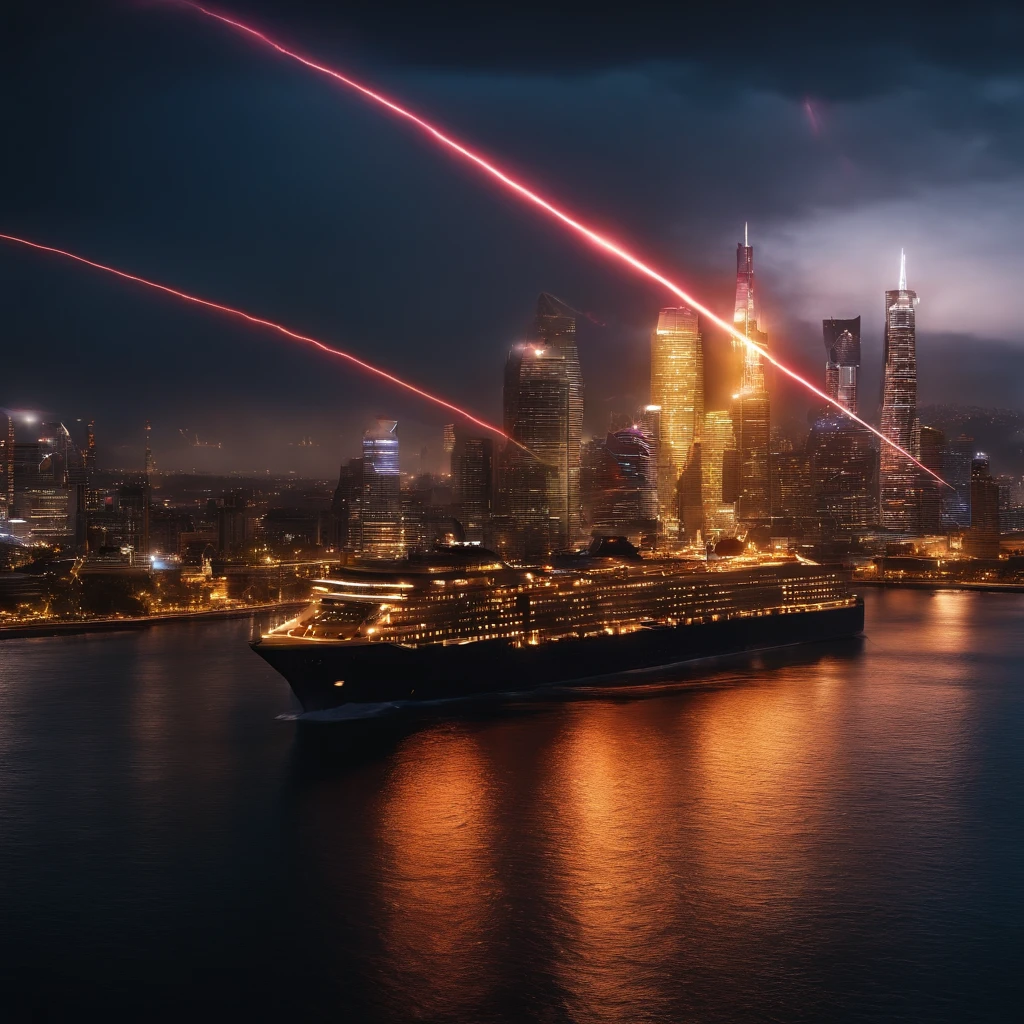 (The ship fires lasers to attack the city:1.3)，in a panoramic view，（plethora of colors，Best quality，high detal，tmasterpiece，cinmatic lighting，4K，Chiaroscuro）