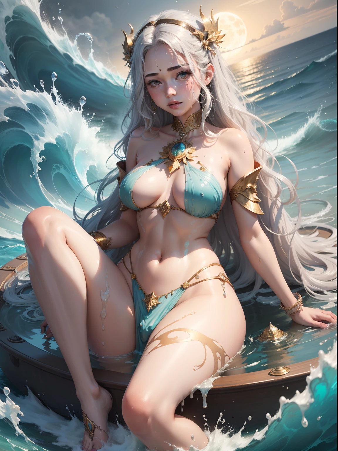 ((beautiful goddess sitting on the waves of the sea)),  
((transparent vikini that shows the vagina)), masterpiece), best quality, expressive eyes, perfect face, long hair fused into multicolored sea waves, light lantern, lamp and antique clock,   fantasy, fractal,  Sakimichan-style art, slight smile, legs open, pubic hair view, 1 sexy girl, exposed breasts,skin wet with water and foam and bubbles,view from below, open legs showing open vagina, beautiful full female body wet with water,griffiths flesh art and wadim kashin concept art, nude woman, classical dancer, psychedelic dancer movement, moving ocean wave, sakimichan art body art, palette knife oil painting, metallic colors, olpntng style, beautiful teenager, effect splatter, extremely smooth and fluid paint, 3D liquid paint, 3D fractals, gold and silver and bronze metallic colors, light particles, dreamy, 3D soft relief, bright sparkles, dreamy shine, concept art by Alberto Seveso, dripping paint, gold-silver and bronze oil painting, full body, beautiful girl, big buttocks, skin with watercolor paper texture, young girl, splash effect, sea, fluid, 3d fractals, light particles, dreamy shine , oil painting with strong strokes, dripping paint, night sky with storm, full moon, large foamy waves, floating bubbles, beautiful goddess emerging from the sea, long silver hair blurred with water, wet skin,
