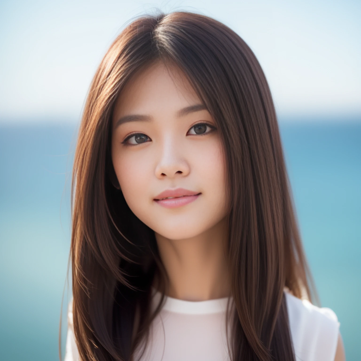 (top-quality、hight resolution、1girl in、Hairstyles Long、The upper part of the body、closes mouth)Glossy hair、Glossy skin、动态照明、A detailed eye、Big eyes、cute smile face、a smile、japanes、Beautiful adult woman、simple background、diffuse glow、Bright photo、portlate、100mm lens、Coast background、Background bokeh