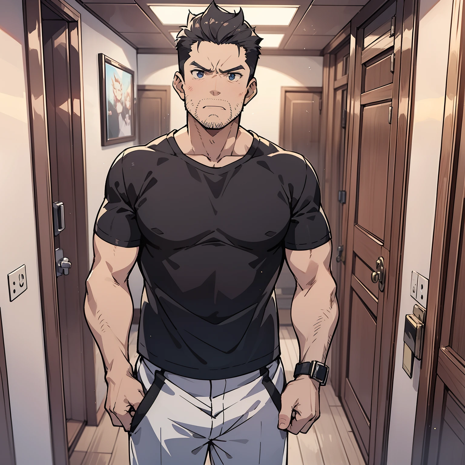 A middle-aged uncle,with short black hair,wearing a black top,Standing in front of the door of the room with an angry expression(Open mouth 1.5)(The background is in the room in the village:1.5),Anime style 4K,Anime rendering,style of anime,8K fineness,(Upper body display:1.5)(Cinematic lighting:1.5)Vicissitudes of middle-aged man 1.5(Wrinkle 1.5)(Slag 1.5)