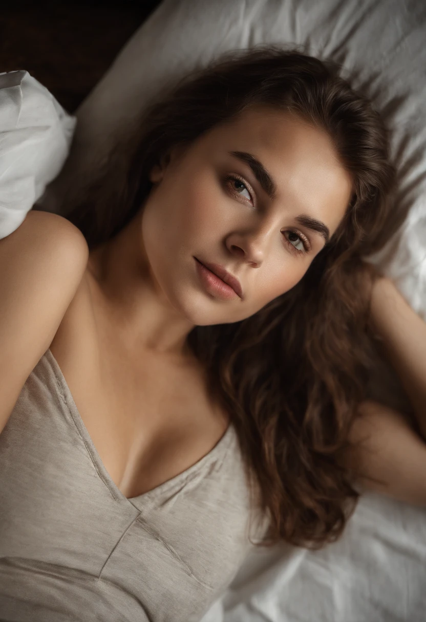 (masterpiece, best quality:1.1), (a selfie of a 1 girl, taken with iphone camera), (nphot, night, dark room, camera flash:1.2), pale skin, skinny, short brown fair, messy hair, white t-shirt, black thong, lies on the bed, head on the pillow, (top view, top angle:1.2), (detailed skin, detailed skin texture:1.4), POV, looking at the viewer