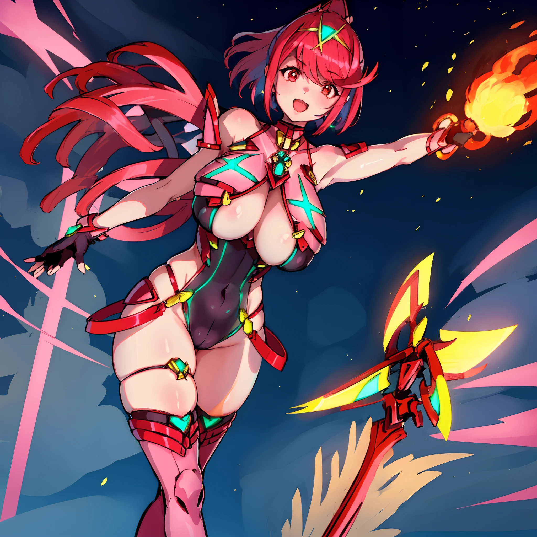 pyra \(xenoblade\), _1girl, lolibangs, black gloves, breasts, red eyes, shout, earrings, eyelashes, fingerless gloves, floating hair, , gem, gloves, hair ornament, headpiece, jewelry, big_breasts, leaning back, swimsuit, neon trim, official art, pose, red hair, saitou masatsugu, short hair, sidelocks, skin tight, solo, swept bangs, thighhighs, tiara, fantasy_town_background, underbust, xenoblade chronicles \(series\), (xenoblade chronicles 2), (spread_legs:1.1), fire_effect,dynamic_pose,fighting,light_smile, (plump:1.1), big_ass,huge_sword, hold_large_sword_hilt, covered_nipples, covered_pussy, fists,ponytail,beautiful_fingers,(solo:1.1), bare_shoulder,(shoulder_naked:1.2)