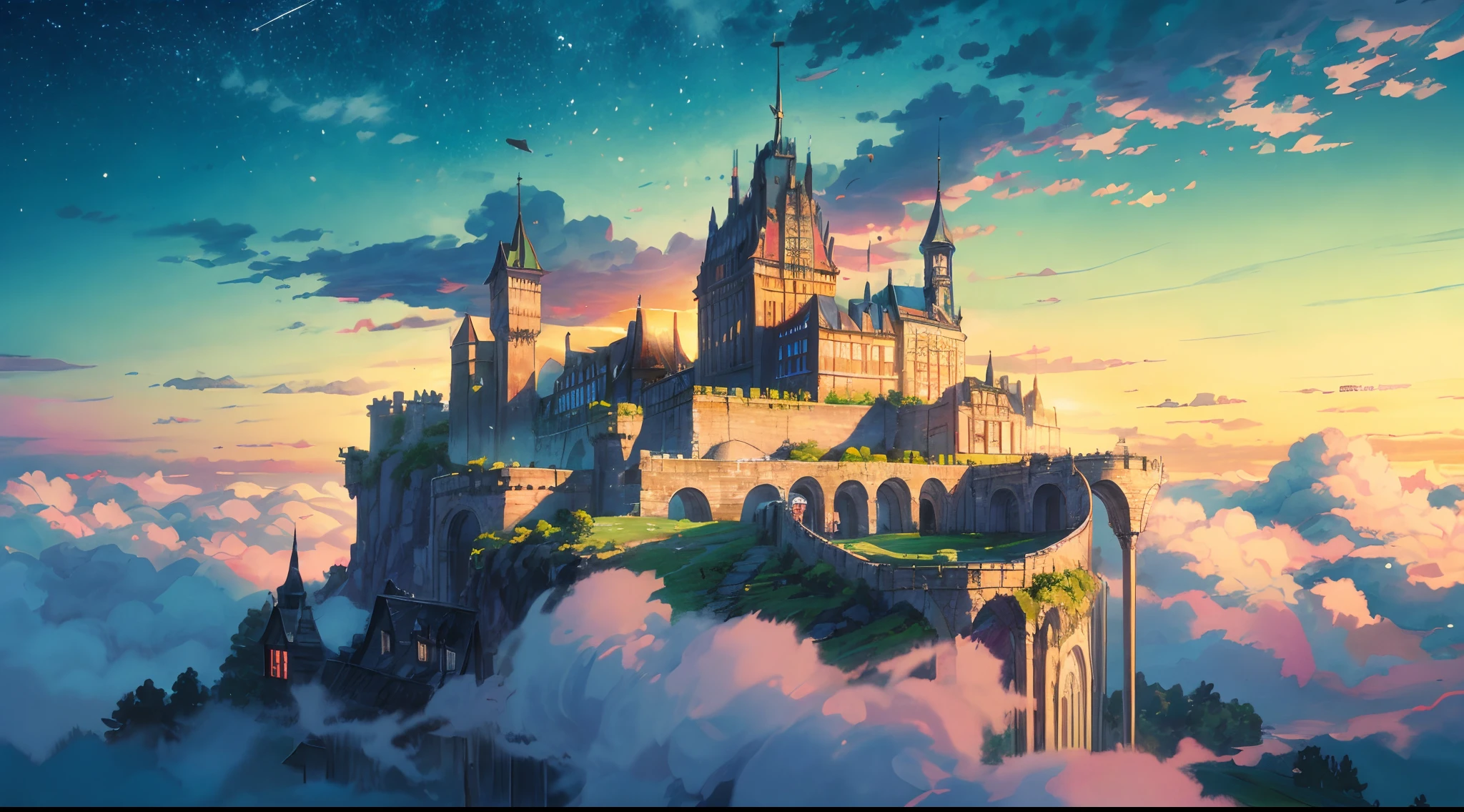 A majestic castle floating on a sky island, reminiscent of an England-style fortress, suspended above fluffy clouds, basking in the warm glow of the sun, radiating vibrant colors, Masterpiece