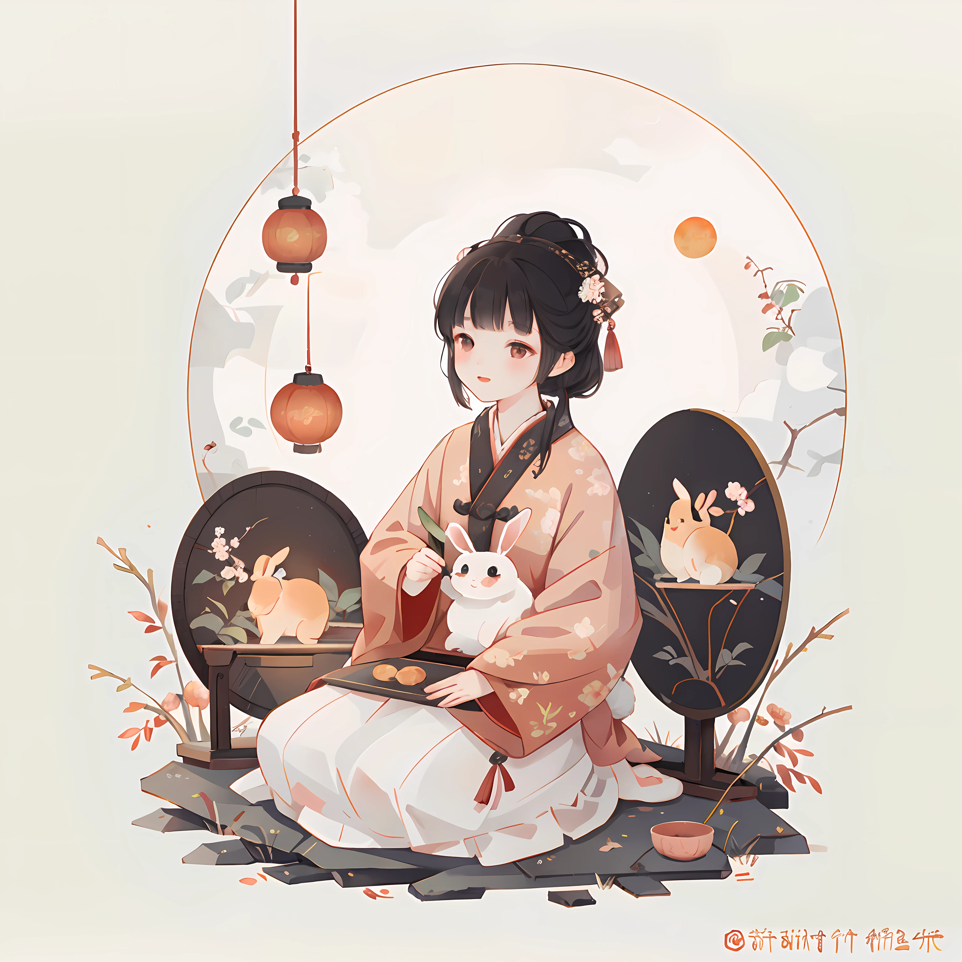 (A rabbit:1.4), sat on the ground, Looking up, Mid-Autumn Festival atmosphere, Traditional Chinese illustration style, Digital art, Simple background, A masterpiece on white background, Best quality, Ultra-detailed, High quality, 4K