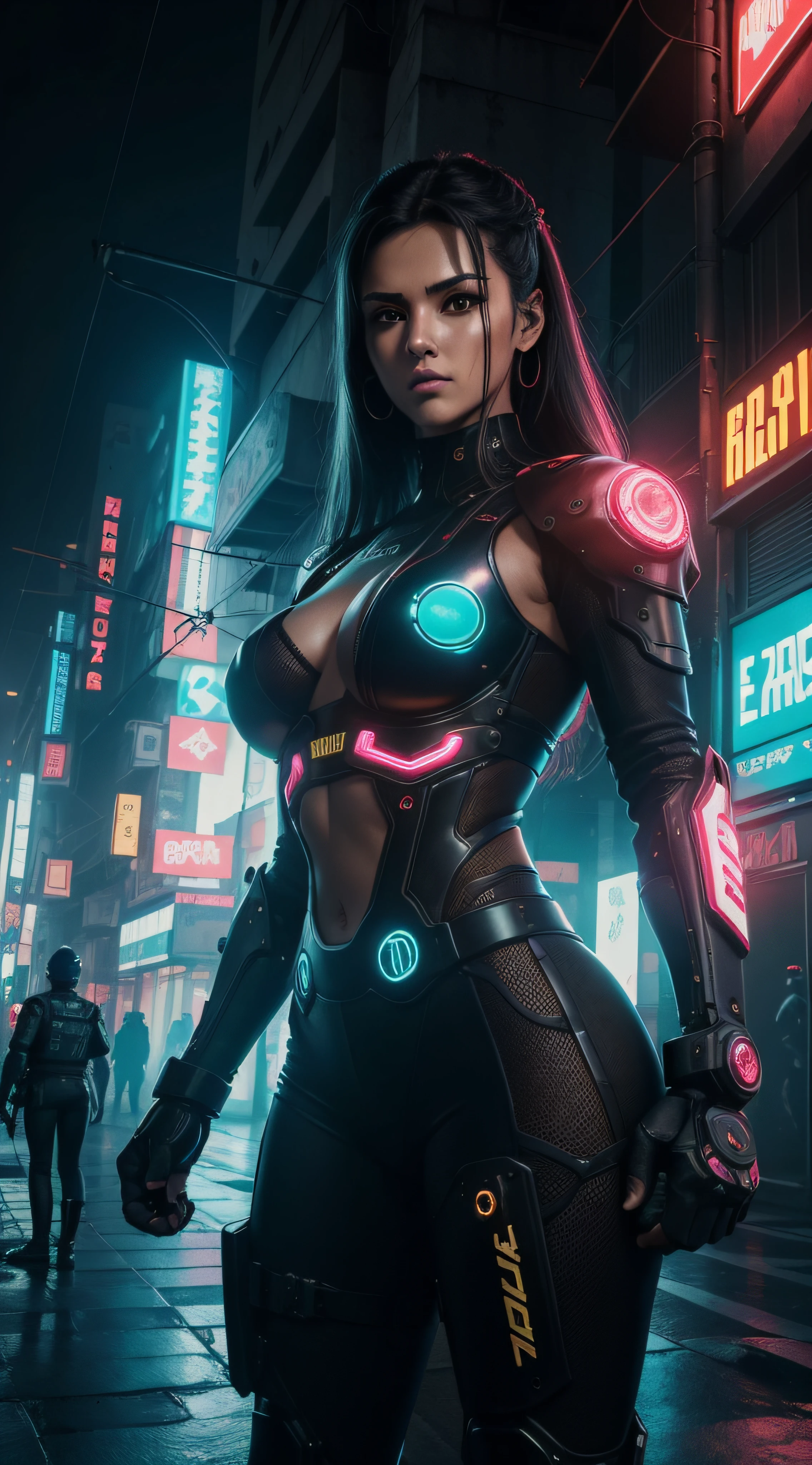 (extremadamente detallado, obra maestra, La mejor calidad), intense illumination, mujer dentro de exoesqueleto cyberpunk. luces de neon, cables, entorno industrial. armamento pesado, Giant fists. garras en los brazos roboticos.
