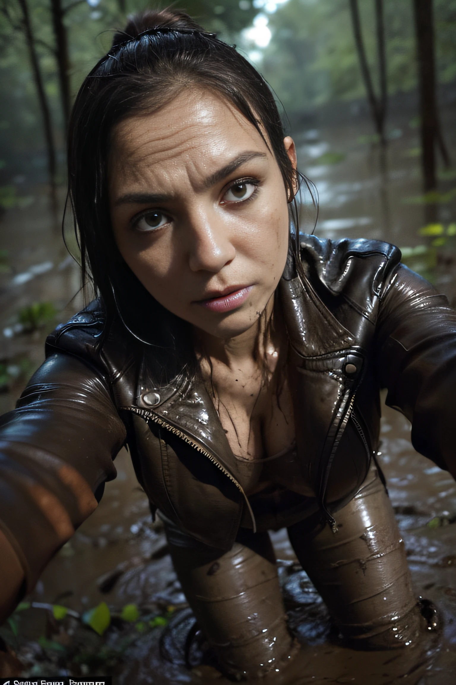 Tormented by lust, Woman in shabby jeans, A tight blouse and leather jacket was taken by surprise in the woods at night, indulging in his sexual fetish of drowning in a swamp. Lust causes her to drown in a swamp. Her face is haggard and dehydrated. She is perplexed and looks around in fright. There is pitch darkness all around, The light only comes from the camera's flash.
TAGS: night time, blurred background, (First-person selfie for Instagram:1.7), (It's dark all around:1.7), (Light only from the camera:1.7). woods, The woman, (Tormented by lust:1.4), In blue old jeans, leather jacket, in blouse wearing, swamp, (drowning in a swamp), (Drowning in a muddy swamp up to his thighs:1.8), (Sexual fetish:1.3), fright, stunned, Looking around. (emaciated face:1.6), (dehydrated face:1.6), (swelling of the face:1.6), (Short hair gathered in a ponytail:1.2),