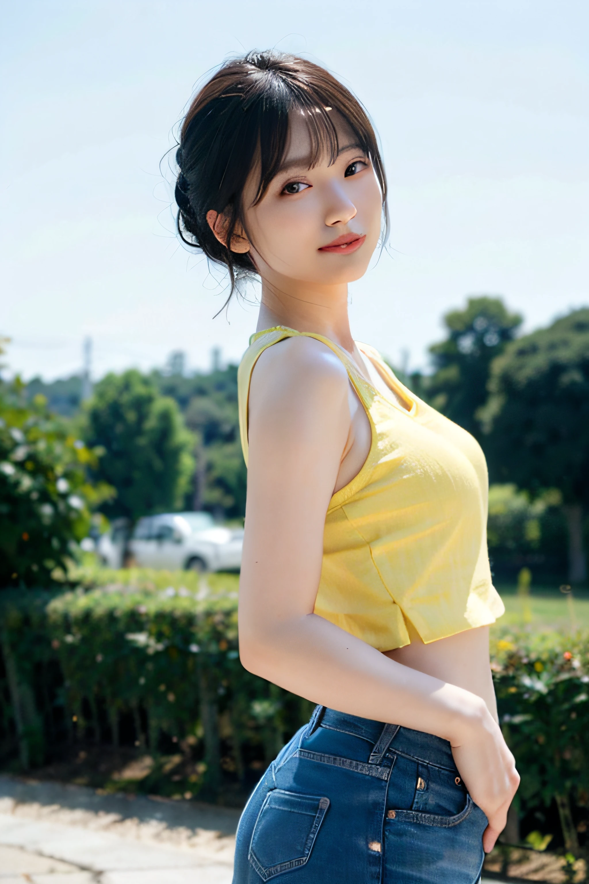 top-quality、 1 人、large full breasts、with light glowing、blur backgroun、bokeh dof、Yellow bra top、denim short pants、(short-hair、Forehead:1.2)、Beautiful sky with details、耳Nipple Ring、(dynamicposes:1.2)、 (The upper part of the body:0.8)、Soft lighting、the wind、glowy skin、Straight face、shores、early evening、Back lighting、