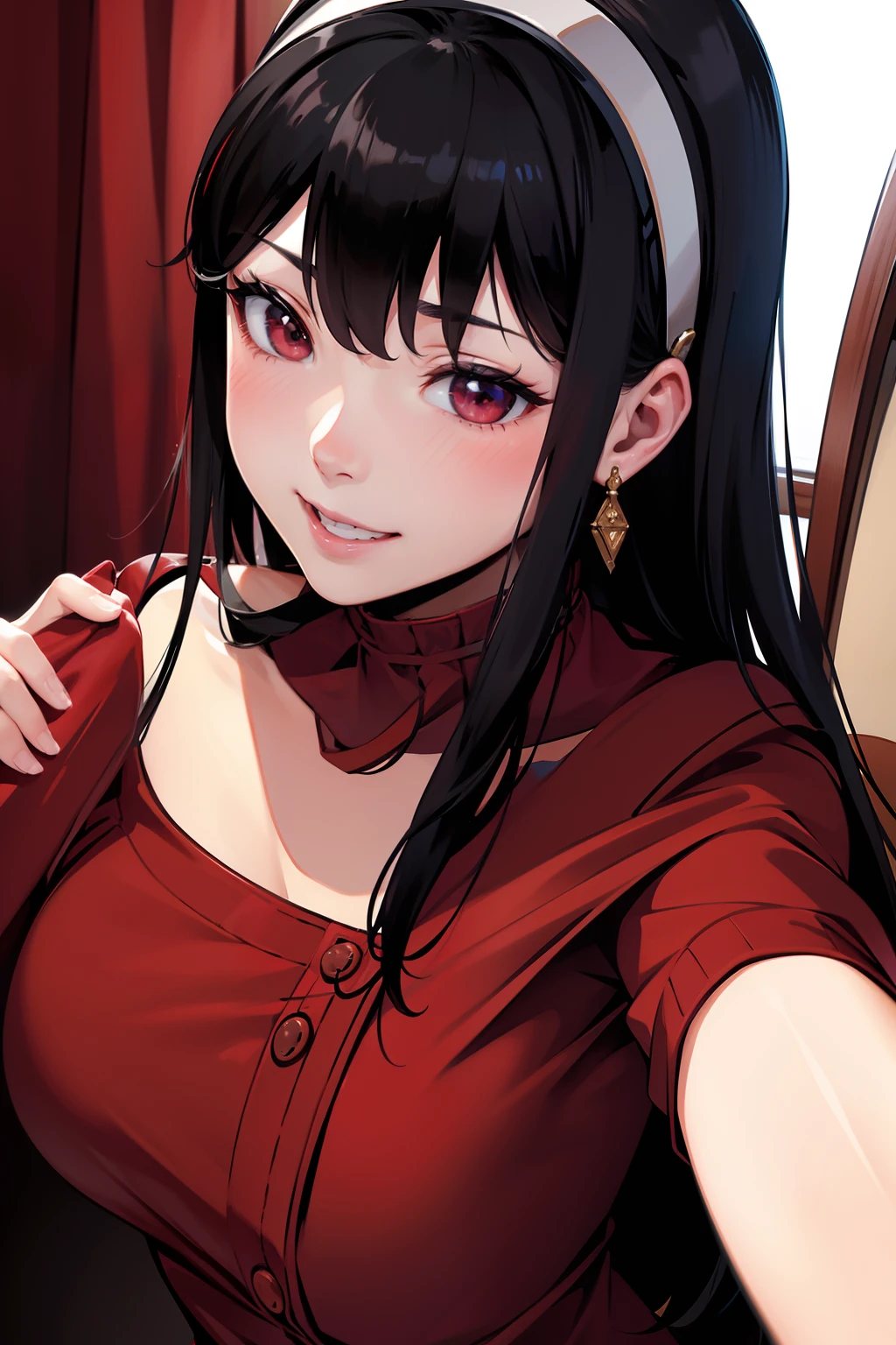 hight resolution、masterpiece、Yor Briar、A dark-haired、red clothing、A smile