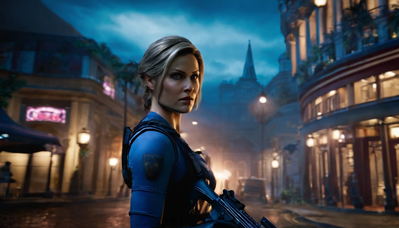 jill valentine, na cidade, cercada de zumbis segurando sua arma