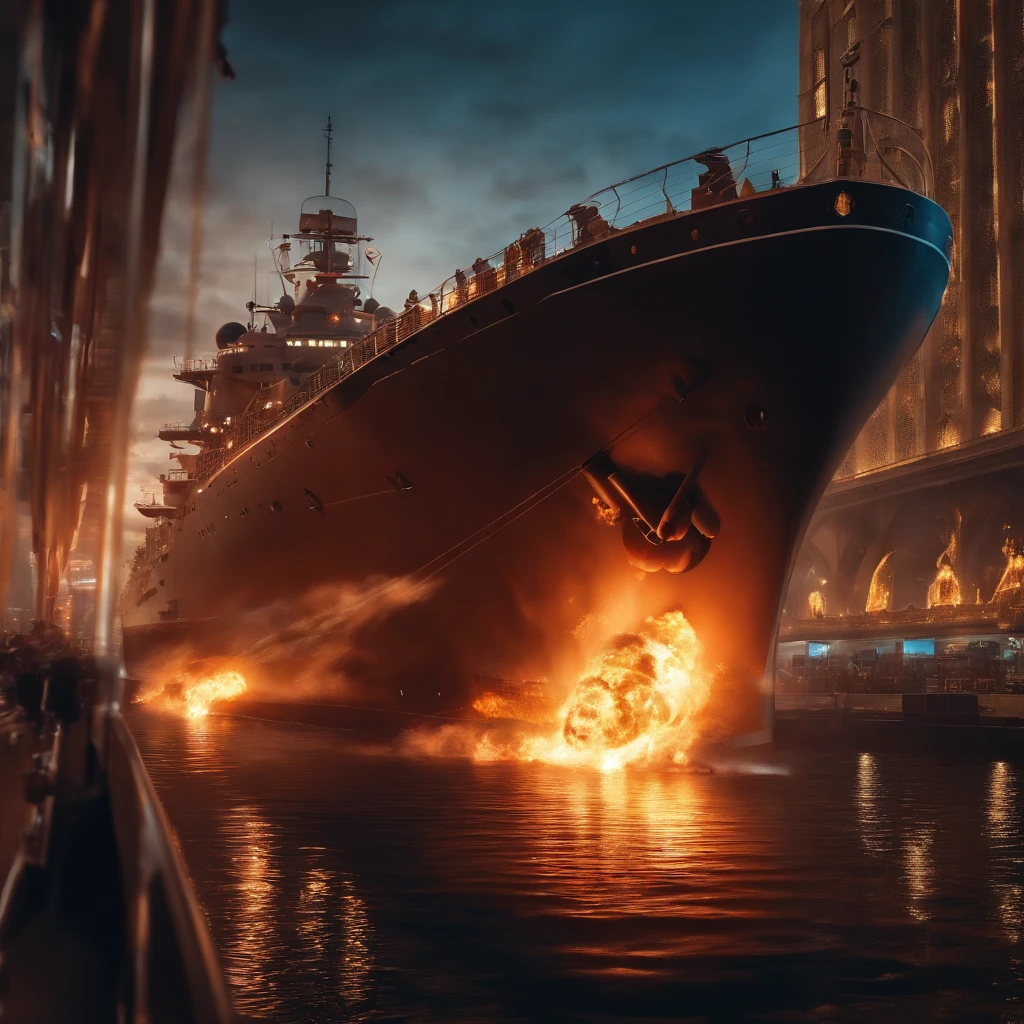 (The ship fires shells to attack the city:1.3)，in a panoramic view，（plethora of colors，Best quality，high detal，tmasterpiece，cinmatic lighting，4K，Chiaroscuro）
