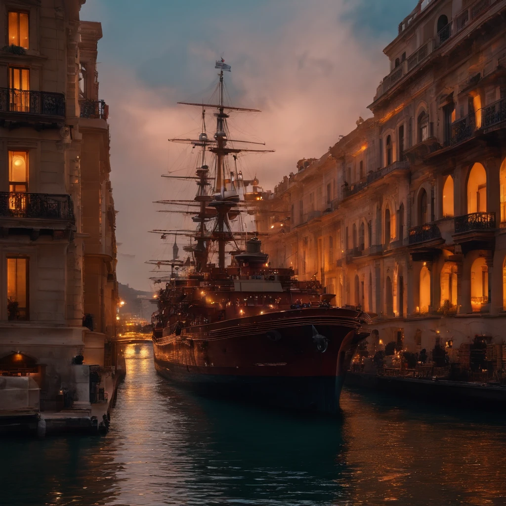 (The ship fires shells to attack the city:1.3)，in a panoramic view，（plethora of colors，Best quality，high detal，tmasterpiece，cinmatic lighting，4K，Chiaroscuro）