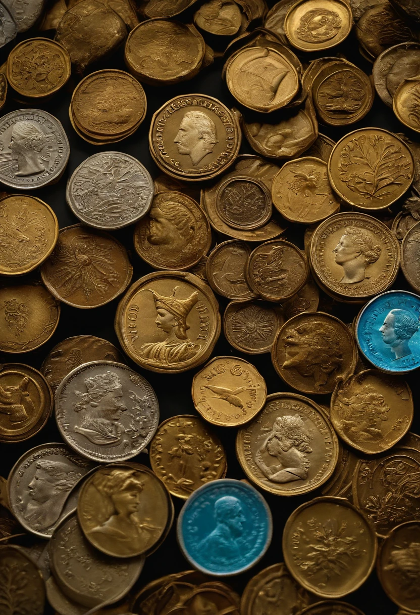 5 fileiras de moedas, cores bronze, prata e ouro, com uma planta crescendo nelas, imagem impressionante, Artistic photo, com pilhas de moedas ao seu redor, foto tirada, the source of future growth Beautiful image