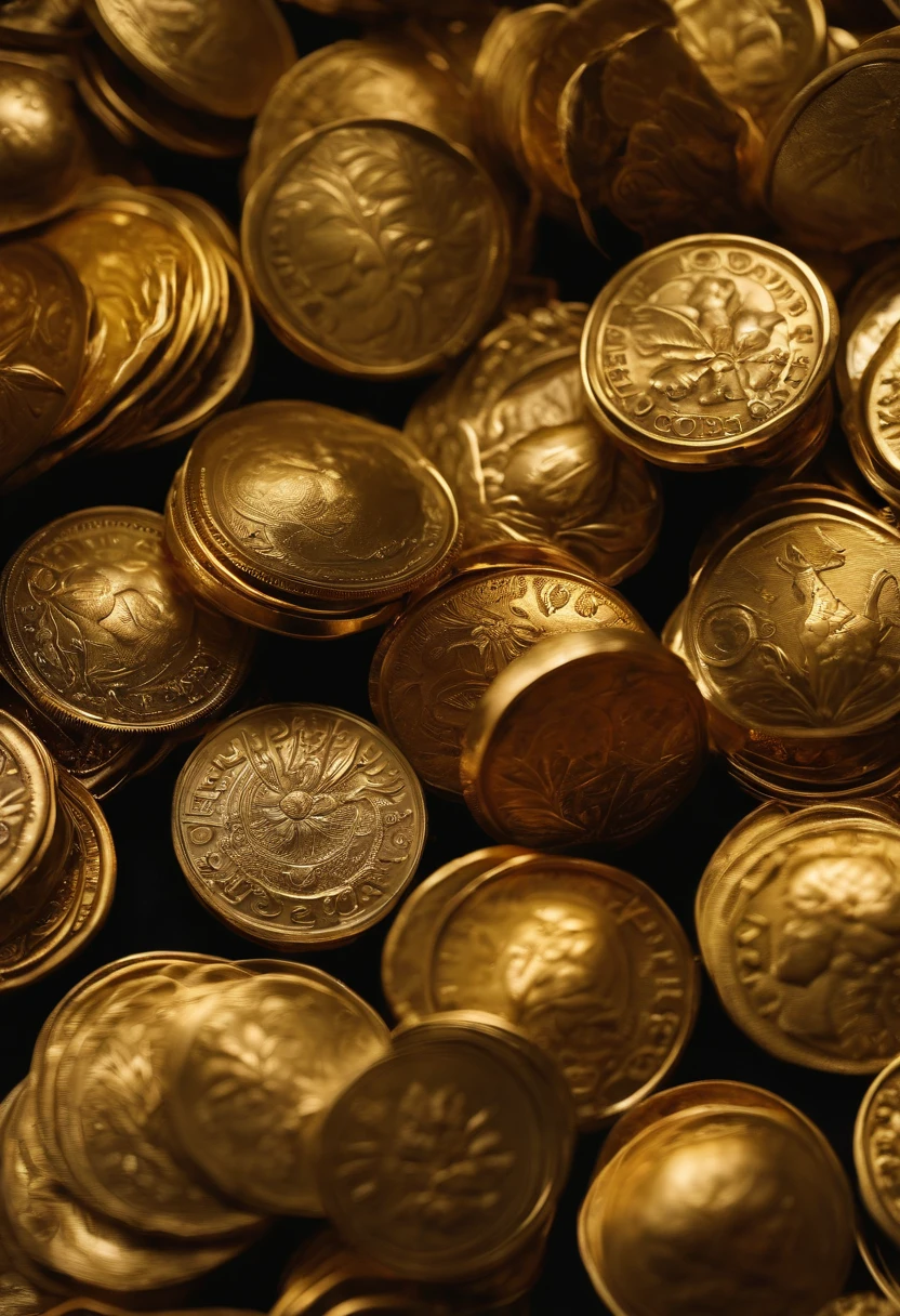 A close up of a pile of gold coins with a black background - SeaArt AI