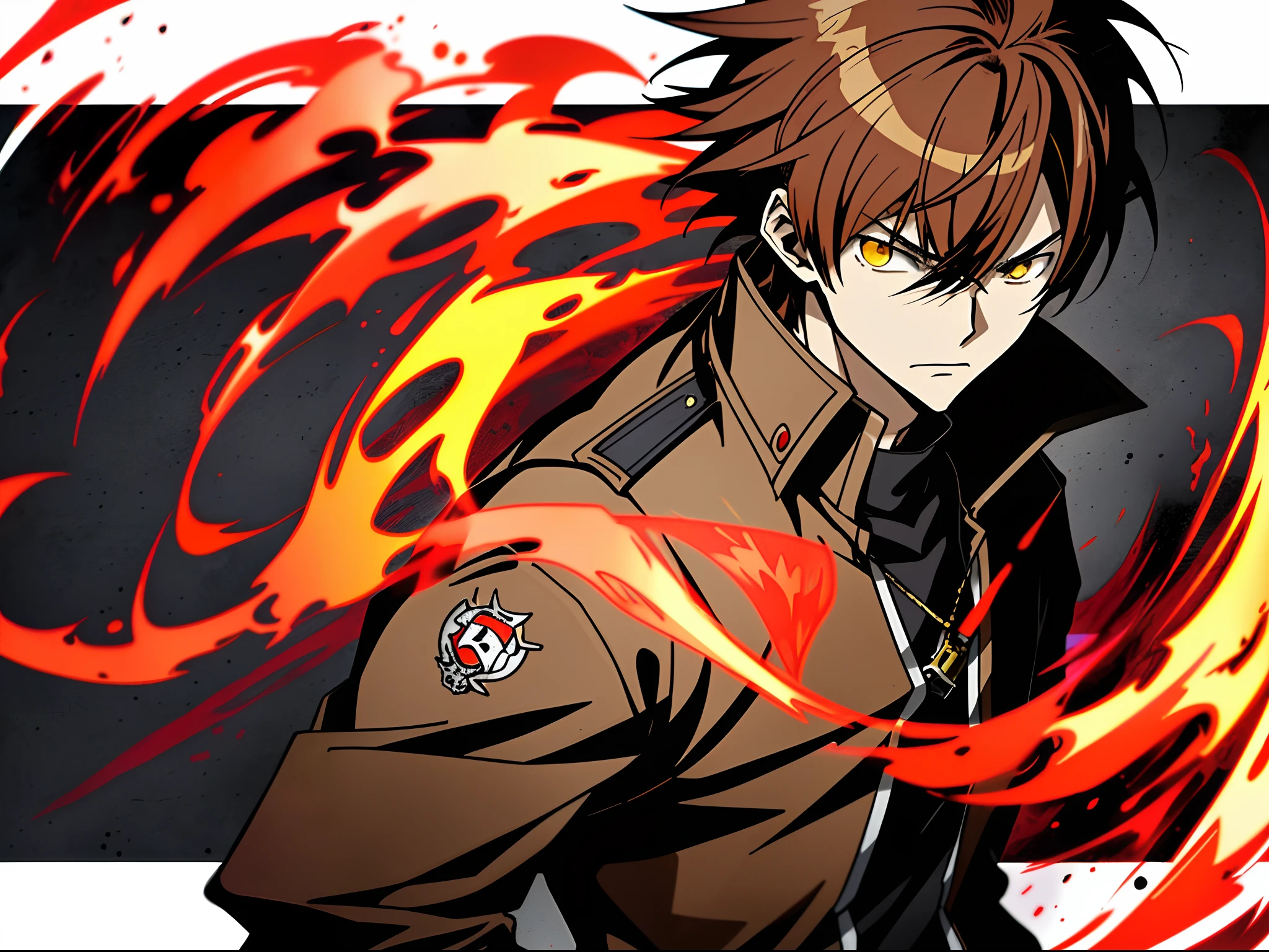 Anime characters with brown hair in black shirt,Red jacket and yellow flame, Badass anime 8 K, Key anime art, shigenori soejima illustration, hajime yatate, male anime character