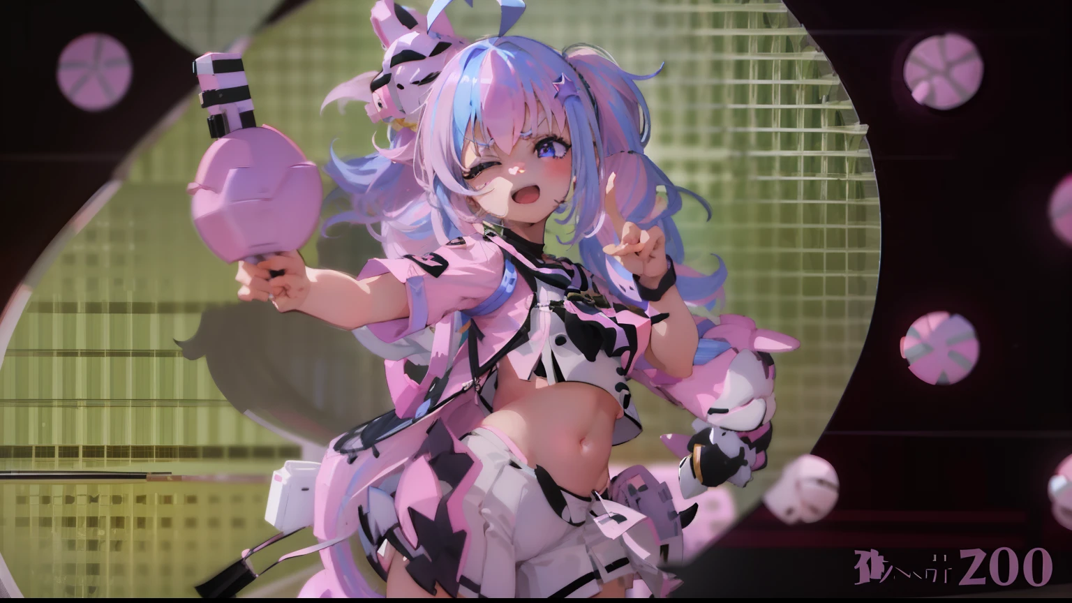 Anime girl with pink hair and black and white costume with pink and white objects, anime styled 3d, small curvy loli, hanayamata, from the azur lane videogame, lolish, Stylized anime, nightcore, 3d anime girl, Lori, Ayaka Genshin Impact, Mikudayo, Style Anime, azur lane style