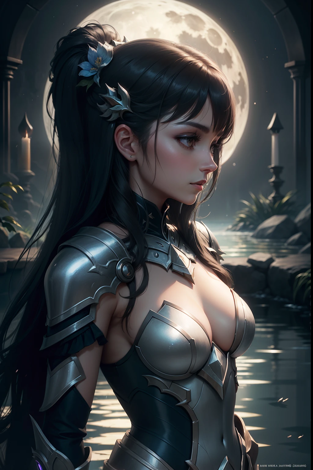 an artwork of Luna gazing at her reflection in a tranquil moonlit pool. Her armor shimmers in the moonlight, and her expression conveys a moment of introspection amidst the chaos of Dota 2 battles