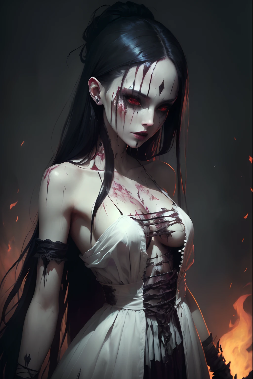 Femme arafed dans une robe blanche avec du sang sur le visage, Art de style dark fantasy, Dark Fantasy Horror Art, Art fantastique et horreur, Beautiful necromancer girl, Art de la dark fantasy, Horror fantasy art, sanglant + Art conceptuel, Beautiful necromancer, in style of dark fantasy art, Beautiful necromancer girl