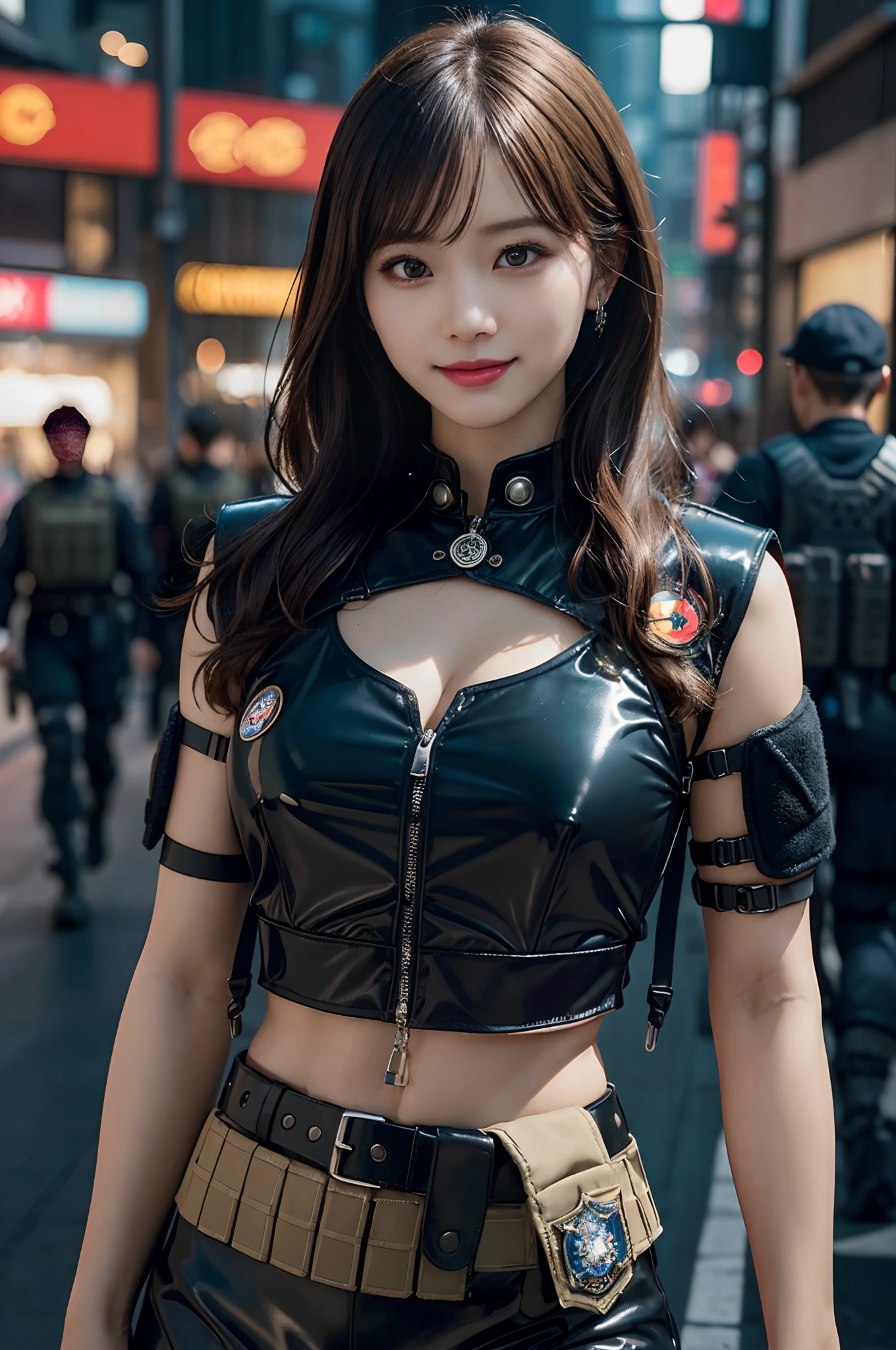 Best Quality, hight resolution, Textured skin, 8K, Anatomically correct, masutepiece:1.2, Photorealsitic:1.2, super realistic details, Realistic proportions, extra detailed face, Solid Circle Eyes, Chubby girl, Curve:1.2, Looking at Viewer, (((Women's Special Forces:1.5, Special Forces Badge, Heavily armed girl , Armed with the latest firearms:1.5, Modern equipment, latexfull-body armor:1.4, Tactical Vest ,military harness, Magazine Belt, Midriff, Skindentation,))), Confident smile, appearance々Stylish ponytail, Huge breasts, sun burned body, Cyberpunk Dystopia City, City of the Future, 2080s, night scene, Beautiful Neon Lights, No people in the background, a scene from a movie, Cinematic lighting, Cinematic shadows, Vibrant colors, Feminine yet authoritative, Attention to facial features and makeup, depth of fields, A futuristic,A smile、Cleavage is visible、Korean Makeup、Korea person、Korean Beauties