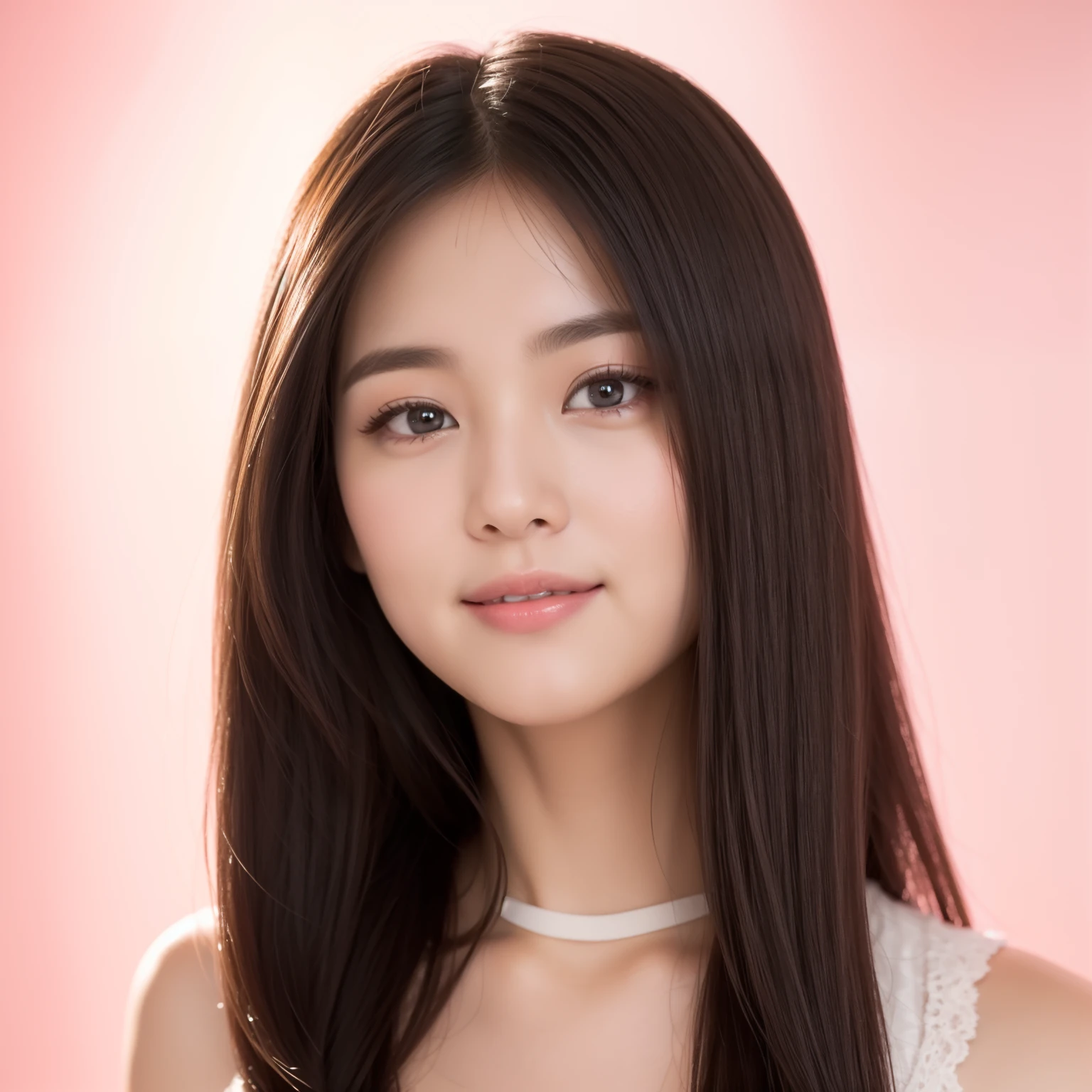 (top-quality、hight resolution、1girl in、Hairstyles Long、The upper part of the body、closes mouth)Glossy hair、Glossy skin、bright skin、动态照明、A detailed eye、Big eyes、cute smile face、a smile、japanes、Beautiful adult woman、simple background、diffuse glow、Bright photo、portlate、100mm lens