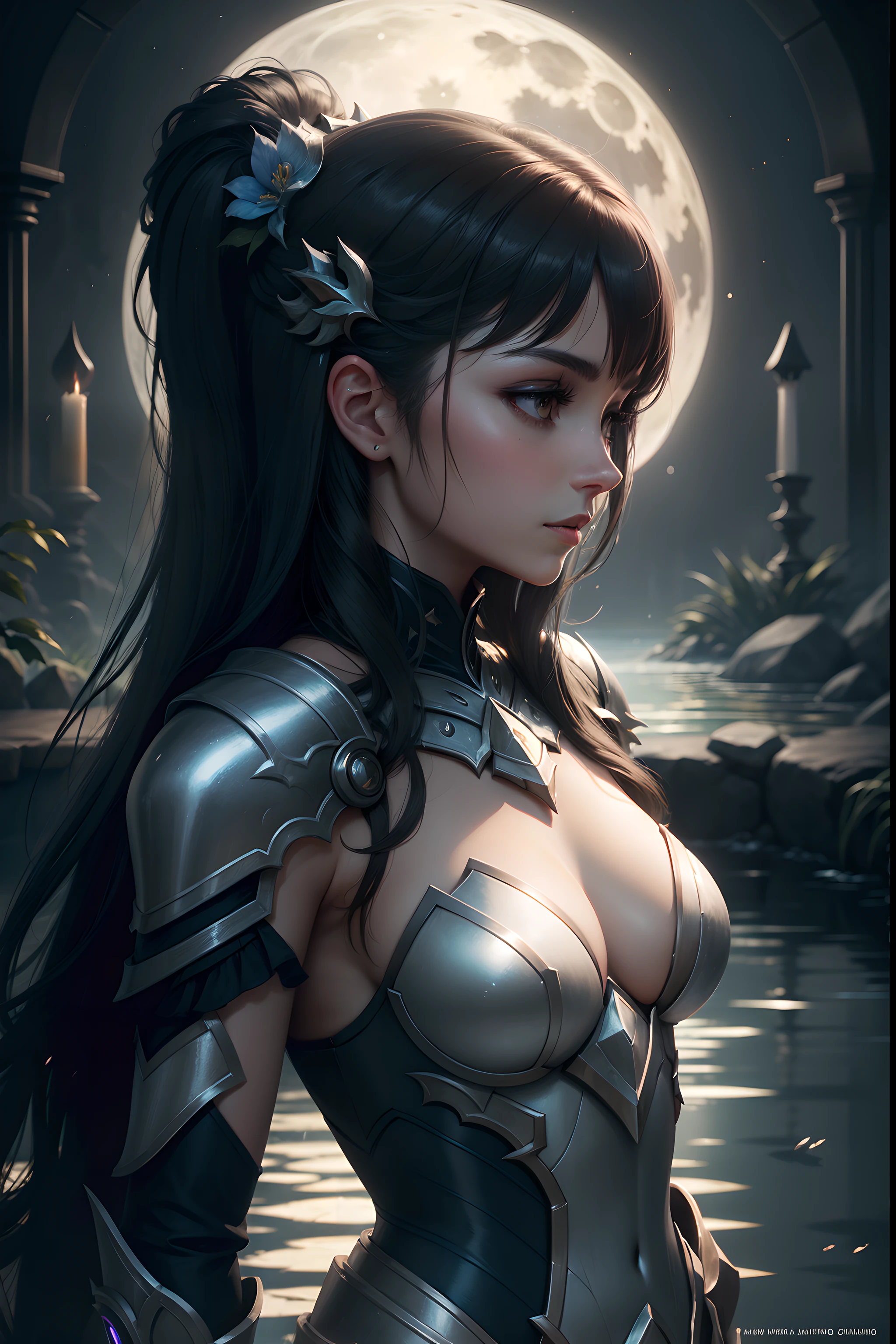 an artwork of Luna gazing at her reflection in a tranquil moonlit pool. Her armor shimmers in the moonlight, and her expression conveys a moment of introspection amidst the chaos of Dota 2 battles