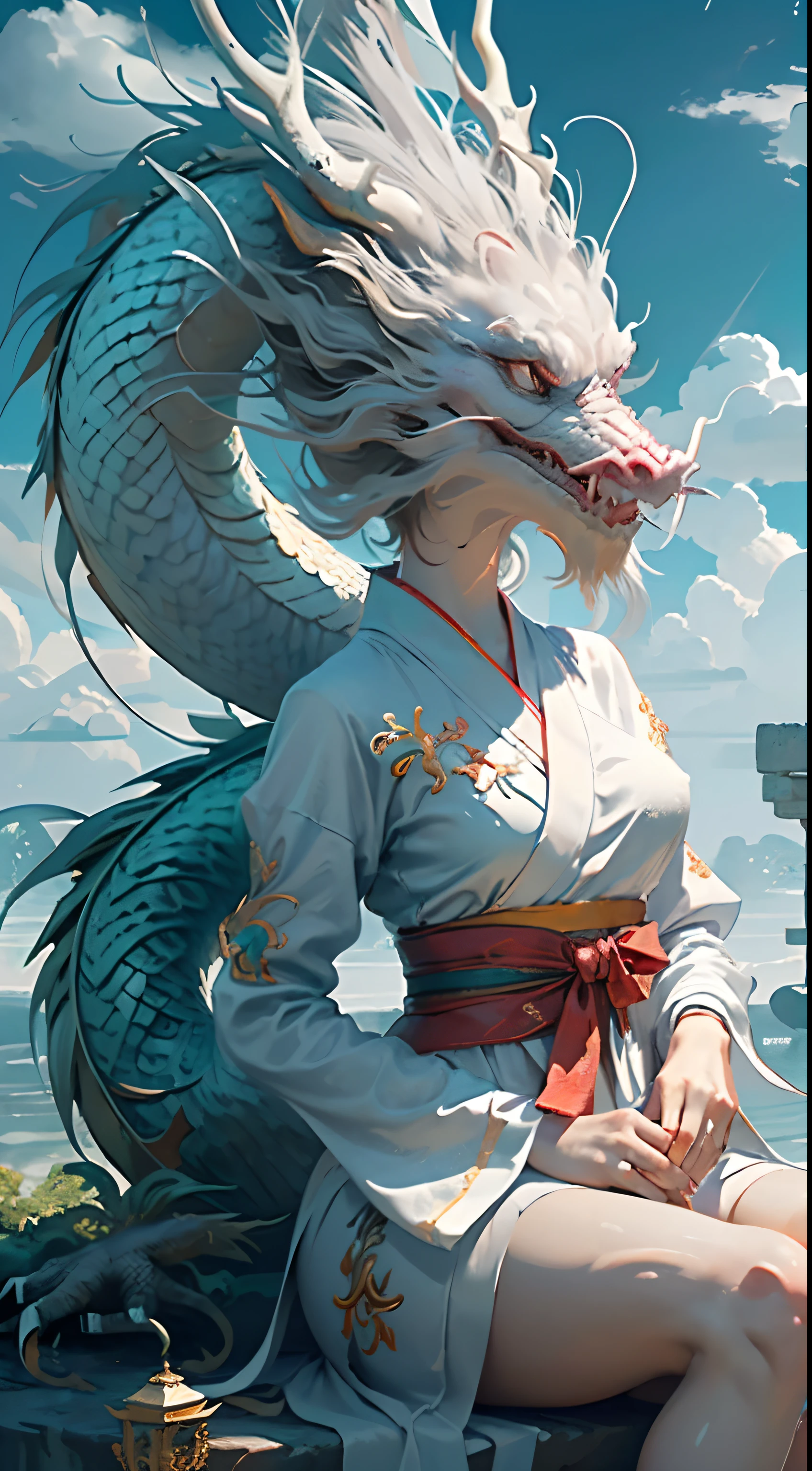 (tmasterpiece,high high quality,best qualtiy,offcial art,Beauty and aesthetics:1.2),epic cinematic,ultra - detailed,hyper realisitc, (1girll:1.5),(full bodyesbian:1.2),(The girl sits on the dragon:1.5),(1 Dragon:1.5),White Hanfu,(White dragon:1.1),dynamicposes,looking at viewert,(in a cloud:1.4),(Thick cloud cover:1.1),White clouds around,Auspicious clouds,Fascinating coloring,Drama Lighting,rim-light,(depth of fields:1.2)