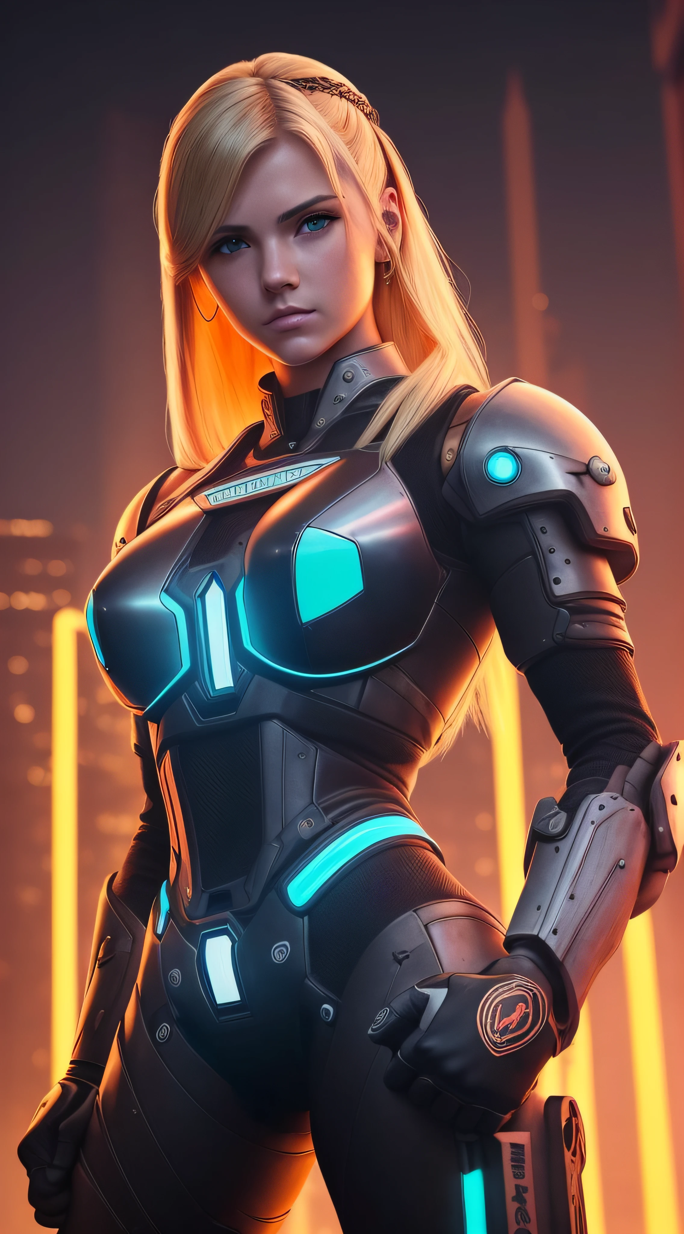 (extremadamente detallado, obra maestra, La mejor calidad), intense illumination, mujer joven rubia dentro de exoesqueleto cyberpunk. luces de neon, cables, entorno industrial. armamento pesado, Giant fists. garras en los brazos roboticos.