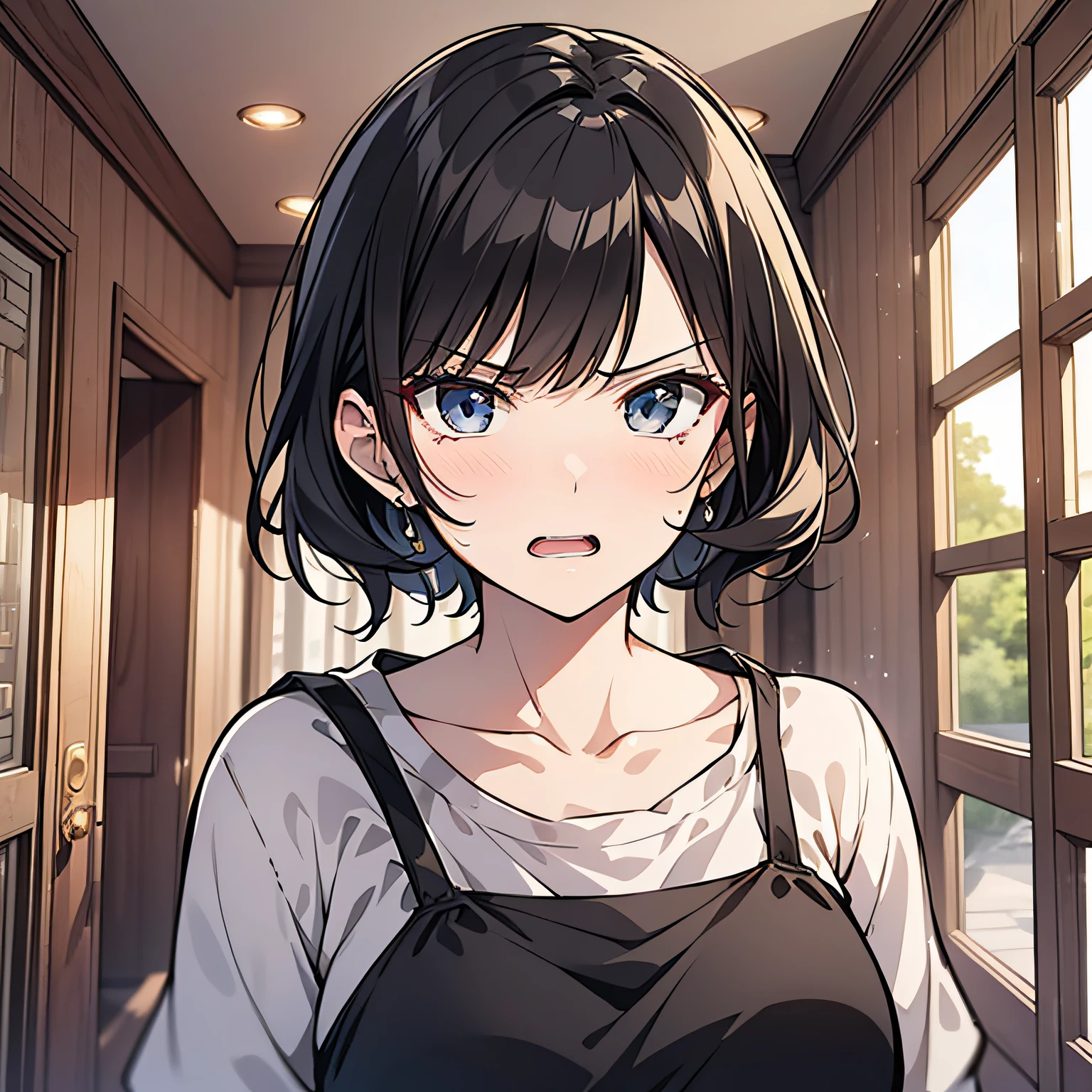 A middle-aged aunt,with short black hair,Wearing a white top,One stood in front of the door of the room with an angry expression(Open mouth 1.5)(The background is in the room in the village:1.5),Anime style 4K,Anime rendering,style of anime,8K fineness,(Upper body display:1.5)(Cinematic lighting:1.5)Middle-aged woman 1.5(Wrinkle 1.5)