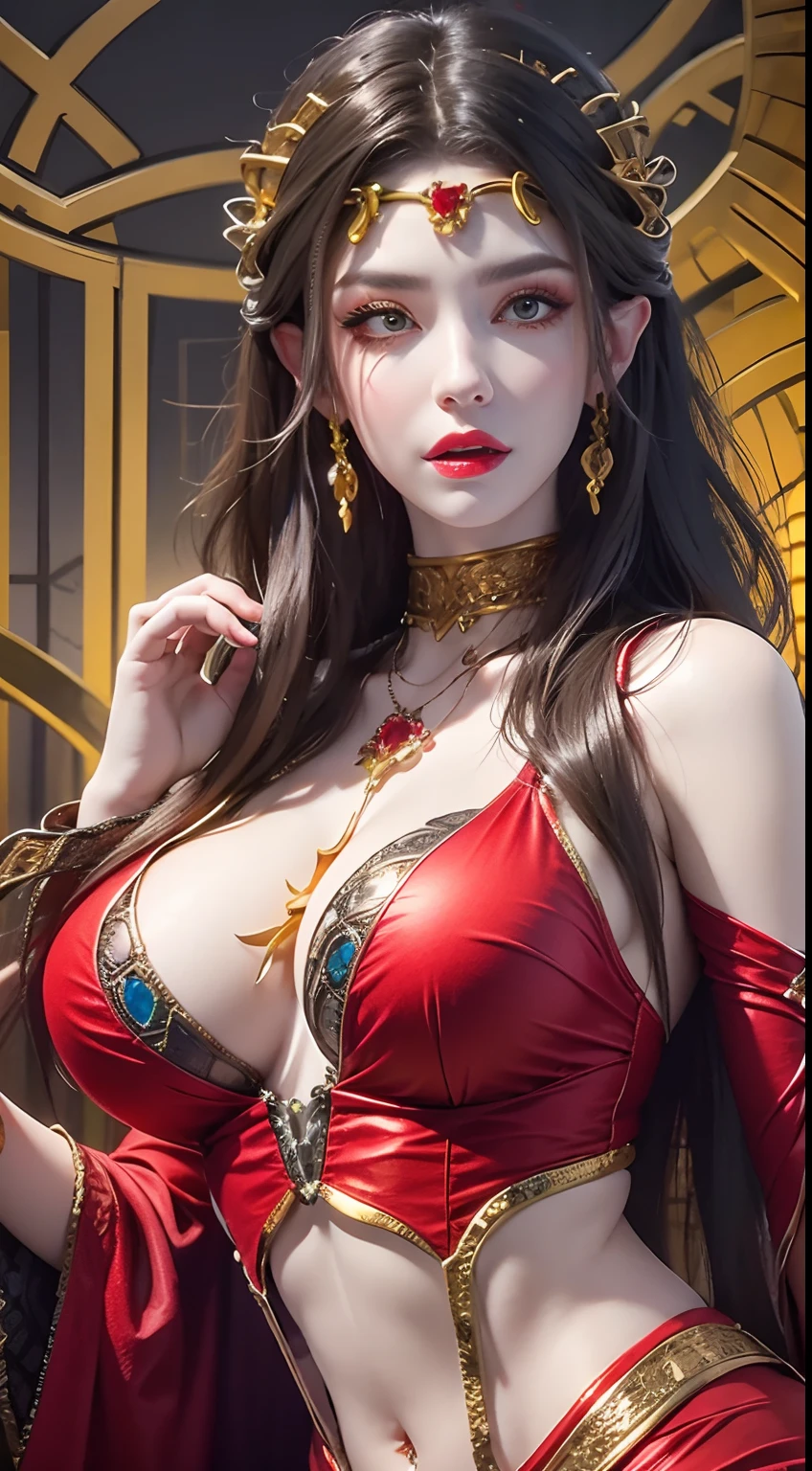 Photorealistic, high resolution, 1 woman, hips up, Beautiful eyes, Long hair, ringed eyes, jewelry, medusa, yellow dress,huge boobs