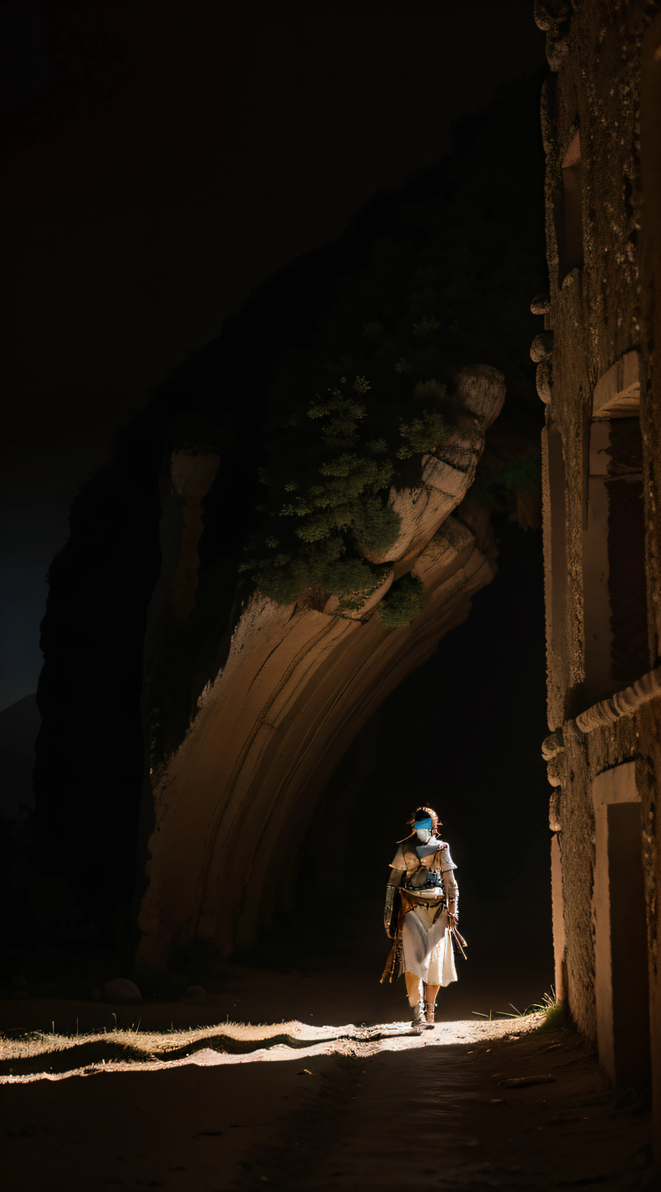 (extremadamente detallado, obra maestra, La mejor calidad, foto antigua, principios de siglo, epic scenery) soldado estilo ciberpunk, armadura robotica, mask, cables, tornillos, luces rojas, paisaje de ruinas. plano cercano. manchas. Caravaggio-style lighting. tenebrismo-