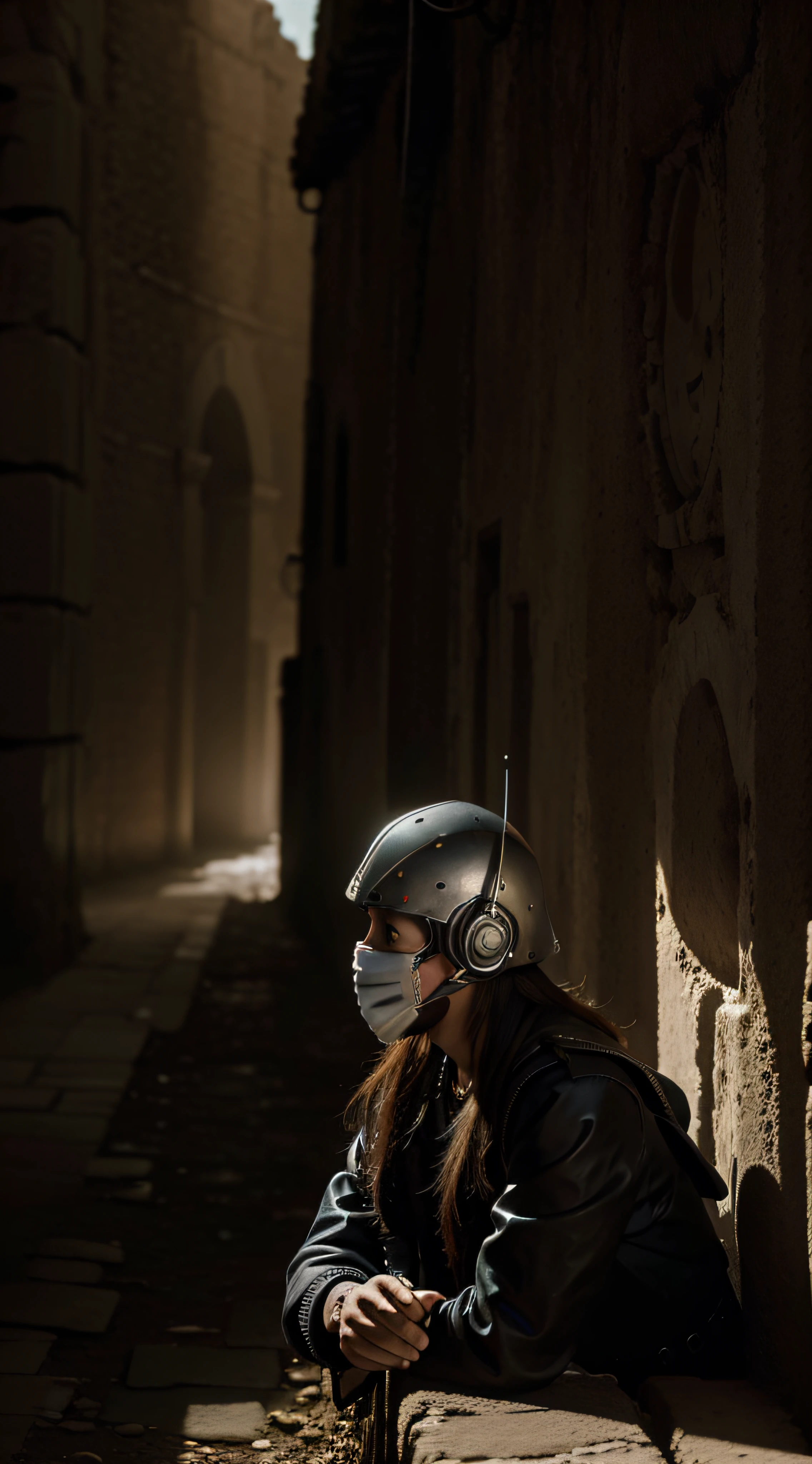 (extremadamente detallado, obra maestra, La mejor calidad, foto antigua, principios de siglo, epic scenery) soldado estilo ciberpunk, armadura robotica, mask, cables, tornillos, luces rojas, paisaje de ruinas. plano cercano. manchas. Caravaggio-style lighting. tenebrismo-