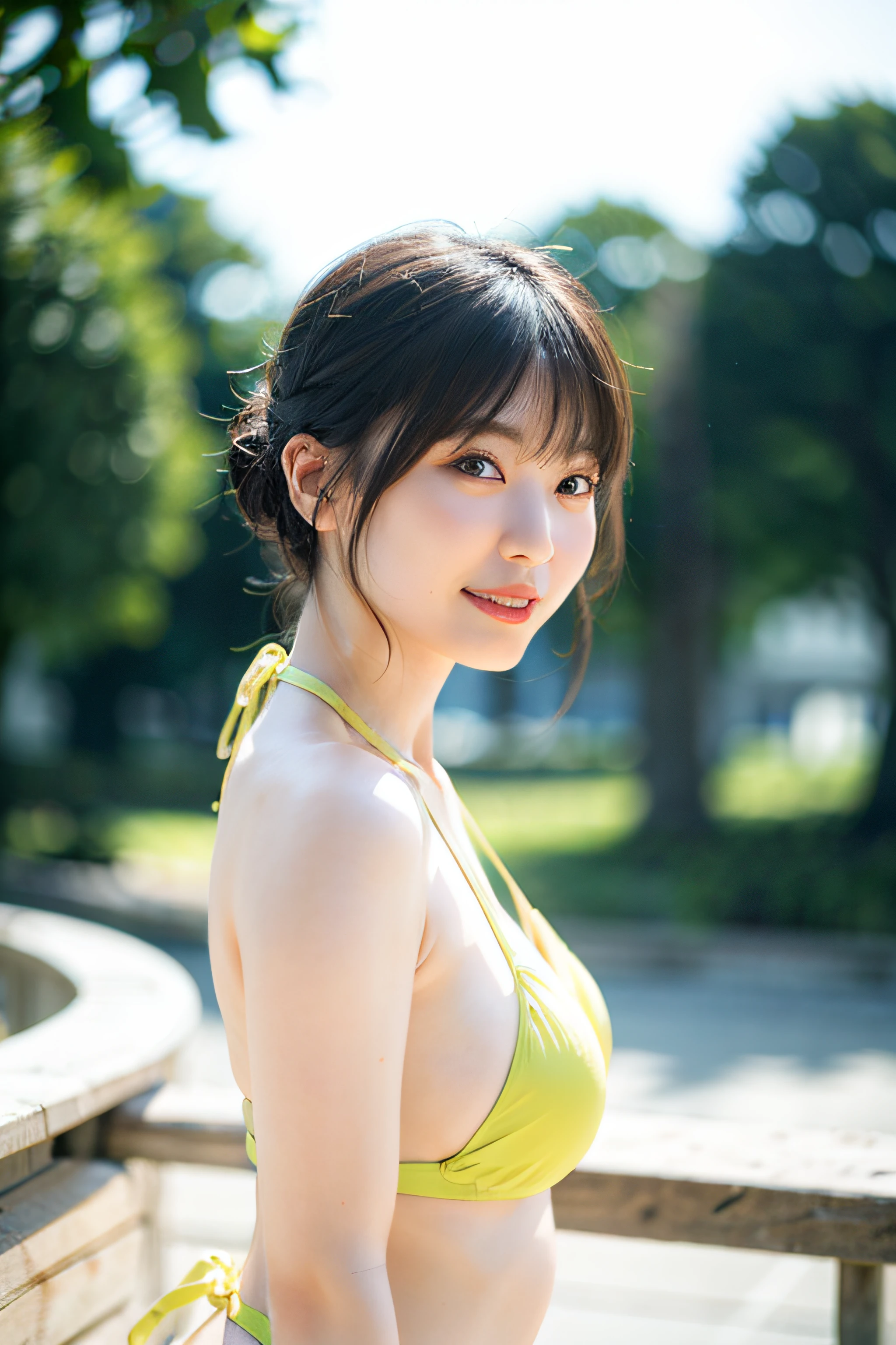 top-quality、 1 人、large full breasts、with light glowing、blur backgroun、bokeh dof、Yellow Bikini Swimsuit、(short-hair、Forehead:1.2)、Beautiful sky with details、耳Nipple Ring、(dynamicposes:1.2)、 (The upper part of the body:0.8)、Soft lighting、the wind、glowy skin、Straight face、shores、early evening、Back lighting、