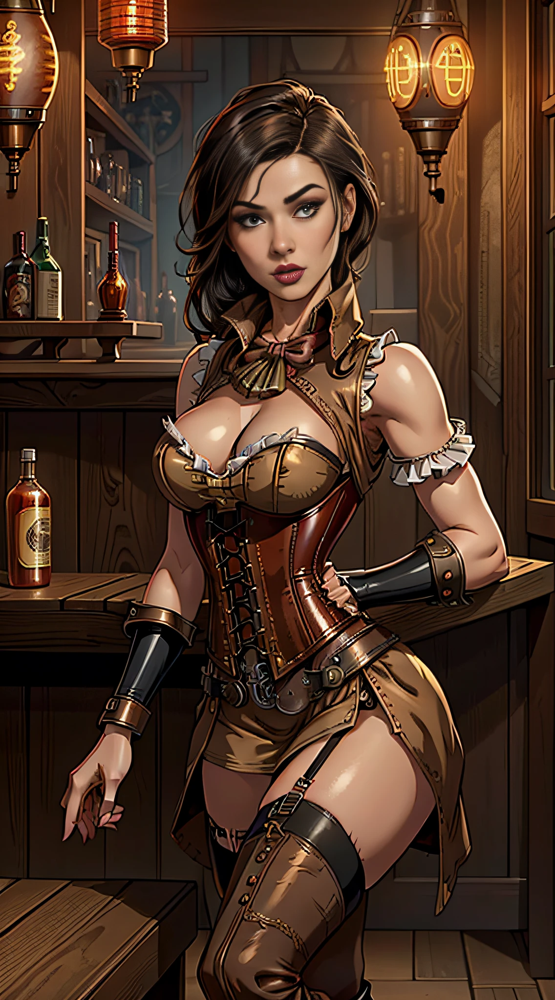 1girl, Asian young woman sitting near ((bar counter)) in ((steampunk western saloon)), wearing ((red steampunk corset)), ((black steampunk petticoat)), ((white steampunk stockings)), ((high steampunk boots on heels)), makeup, ((steampunk style)), seductive, sexy, hot, sultry, shapely, full body render, fine detail, highest quality, skin texture, intricate details, (cinematic lighting), RAW photo, 8k, perfect face, perfect body, beautiful, hyperrealism, trending on artstation