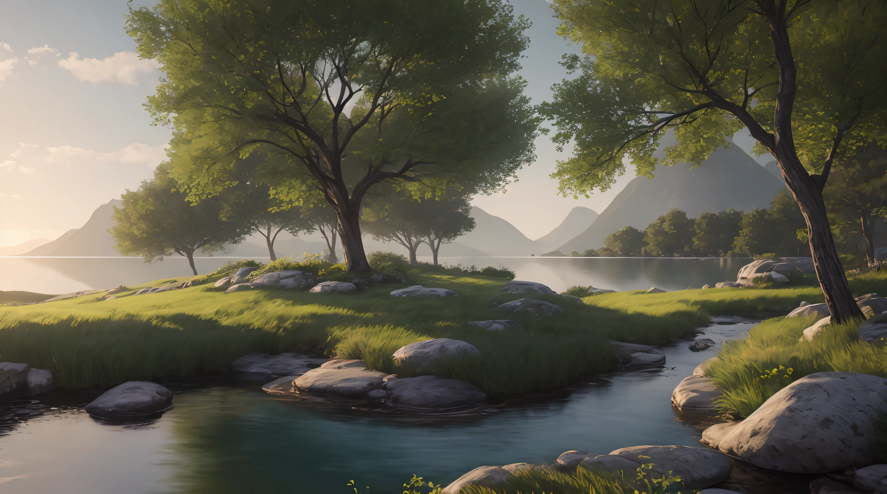 A peaceful place, very pleasant, aesthetic, calm, scenic. photorealistic, 8k uhd, studio quality, ultra realistic, max detail, massive scale, post-processing, realistic, photorealism, photoshop, photography, detailed, cinematic lighting, landscape, panoramic, landscape, raytracing, cinema4d