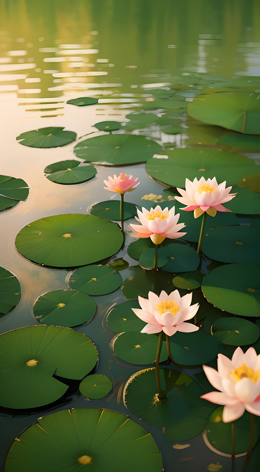 Take a photo of lotus flowers in a style reminiscent of Impressionist painter Claude Monet. Capture the blooms with soft, blurred edges and a dreamy quality, emphasizing the play of colors and light on the water's surface