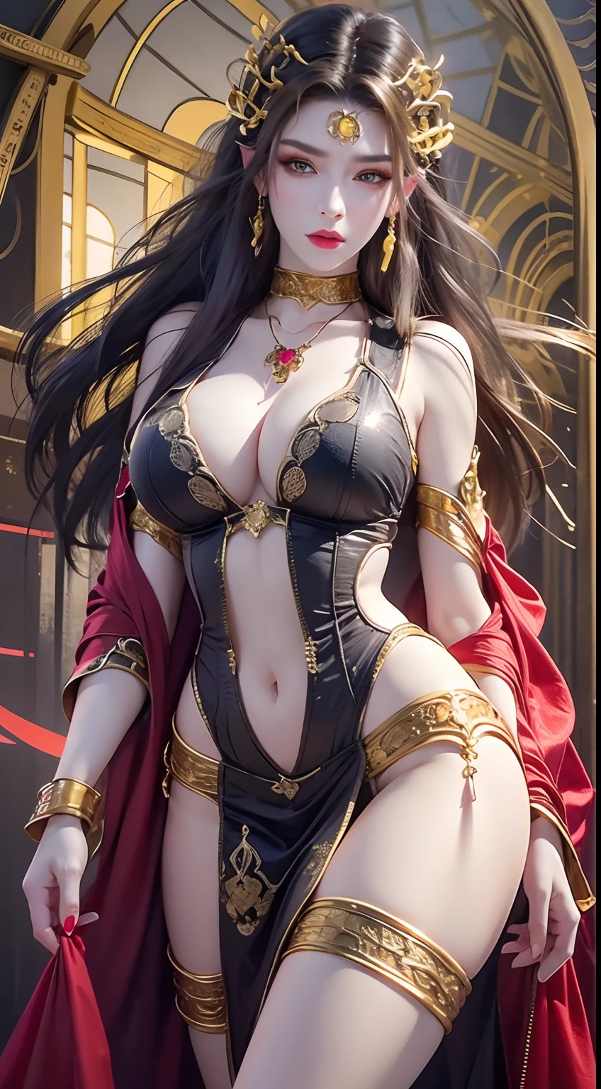 Photorealistic, high resolution, 1 woman, hips up, Beautiful eyes, Long hair, ringed eyes, jewelry, medusa, yellow dress,huge boobs