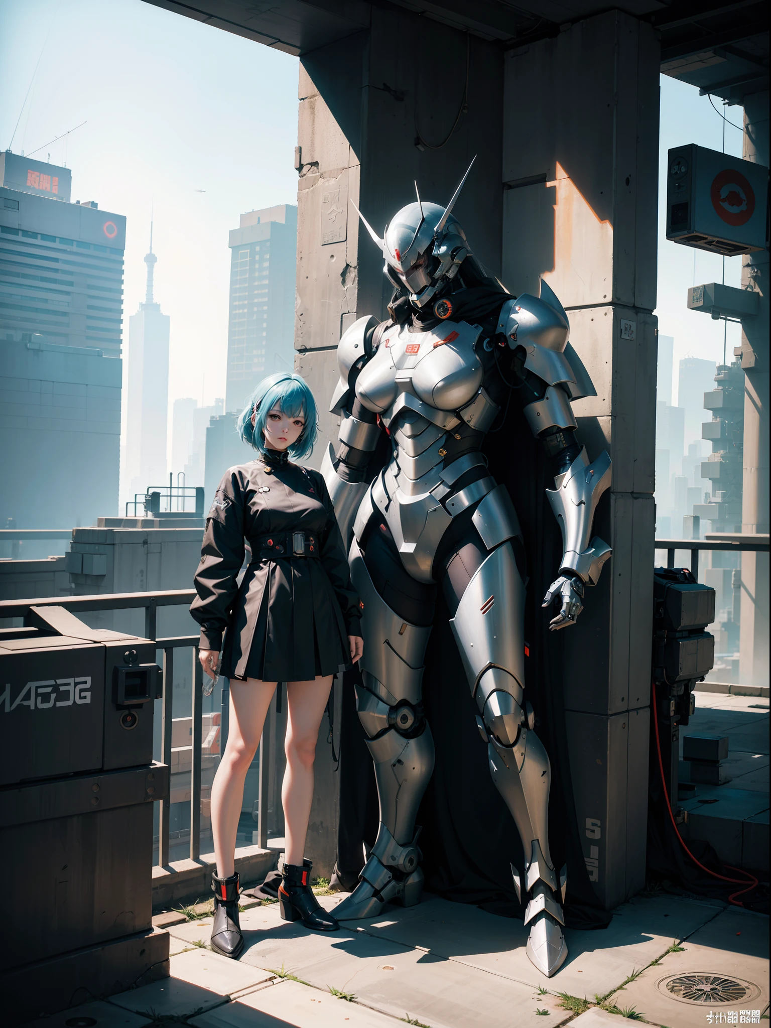 Anime girl in metal suit standing next to a giant robot, artwork in the style of guweiz, Cyberpunk anime girl mecha, Trending on CGSTATION, guweiz, By Russell Dongjun Lu, Digital Cyberpunk Anime Art, ross tran 8 k, guweiz on artstation pixiv, Girl in Mecha Cyber Armor