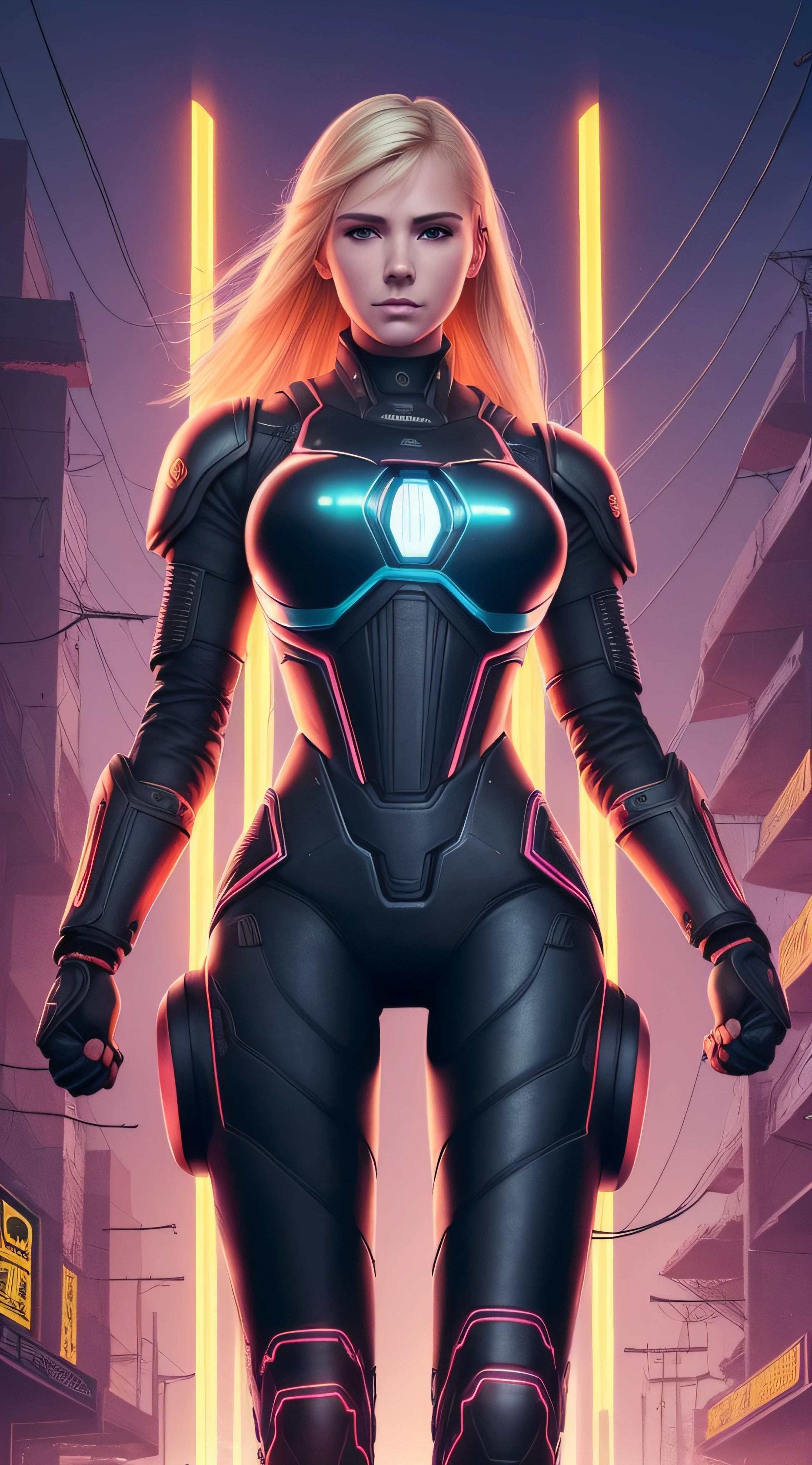 (extremadamente detallado, obra maestra, La mejor calidad), intense illumination, mujer joven rubia dentro de exoesqueleto cyberpunk. luces de neon, cables, entorno industrial. armamento pesado, Giant fists. garras en los brazos roboticos.